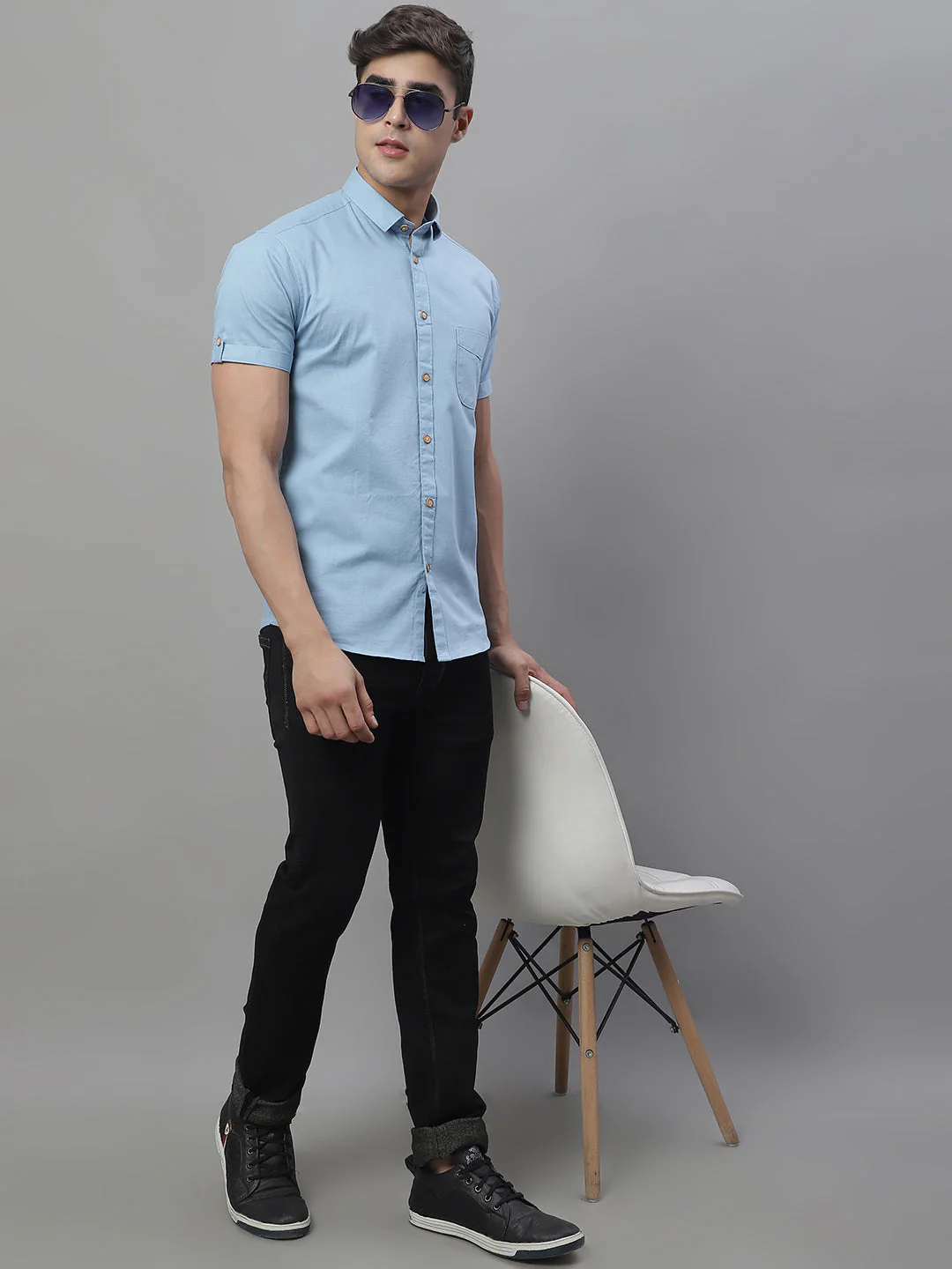 Kicky Pure Cotton Half sleeves Solid Shirt - Light Blue - Image 5