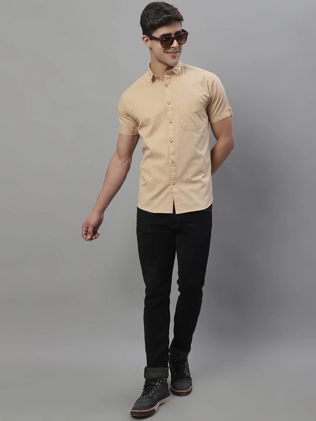 Kicky Pure Cotton Half sleeves Solid Shirt - Light Coffee - Image 4