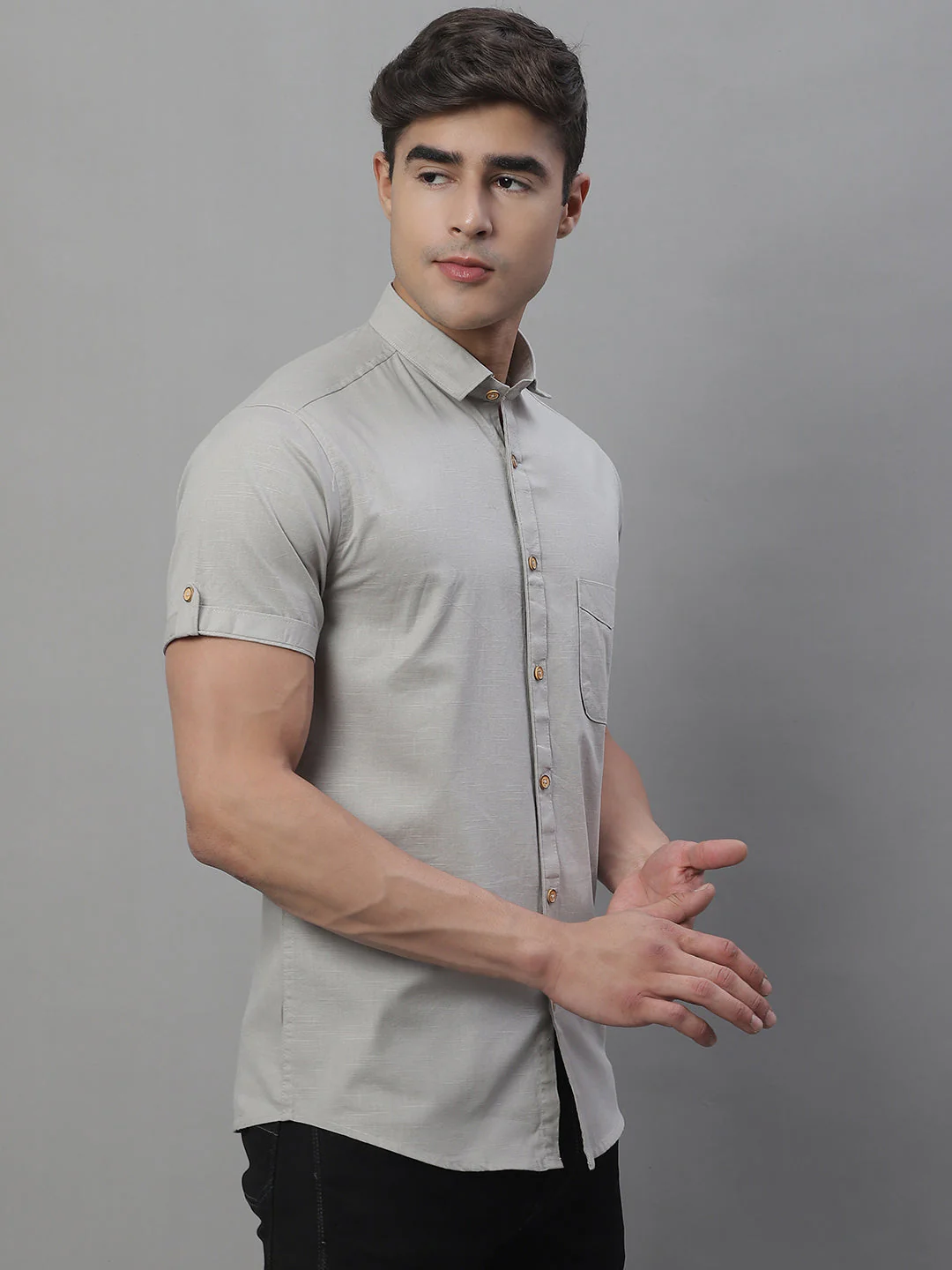 Kicky Pure Cotton Half sleeves Solid Shirt - Light Grey - Image 3