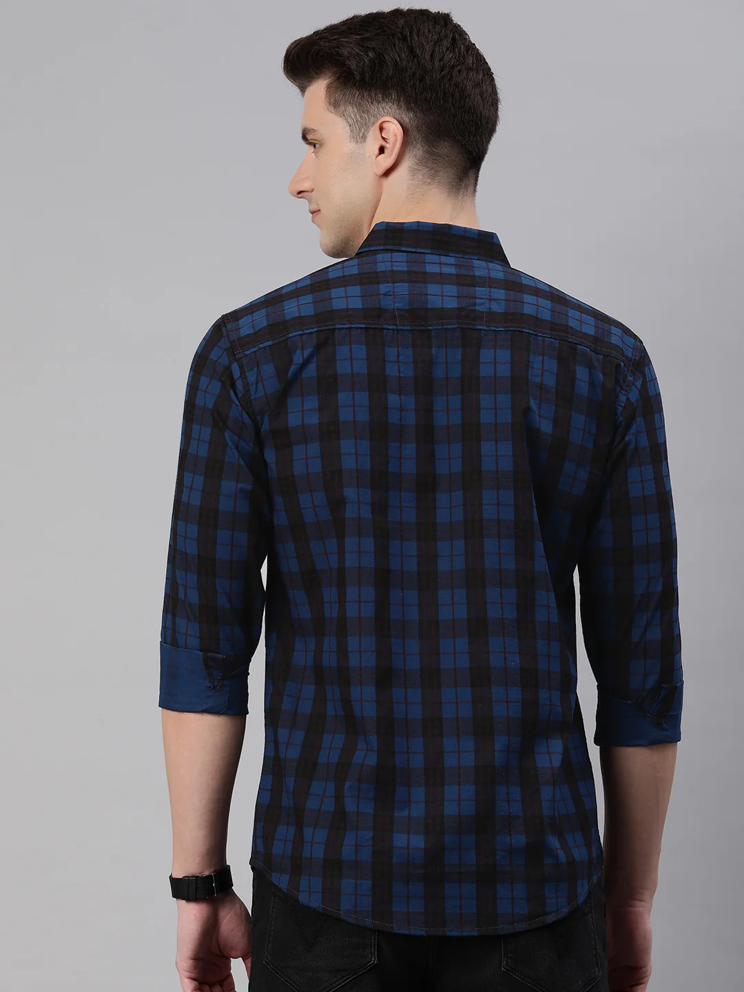 Majestic Man Checkered Slim fit Cotton Casual Shirt - Dark Blue - Image 2