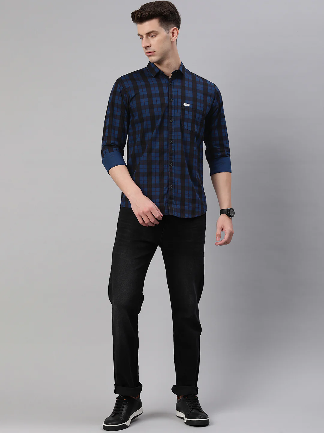 Majestic Man Checkered Slim fit Cotton Casual Shirt - Dark Blue - Image 3