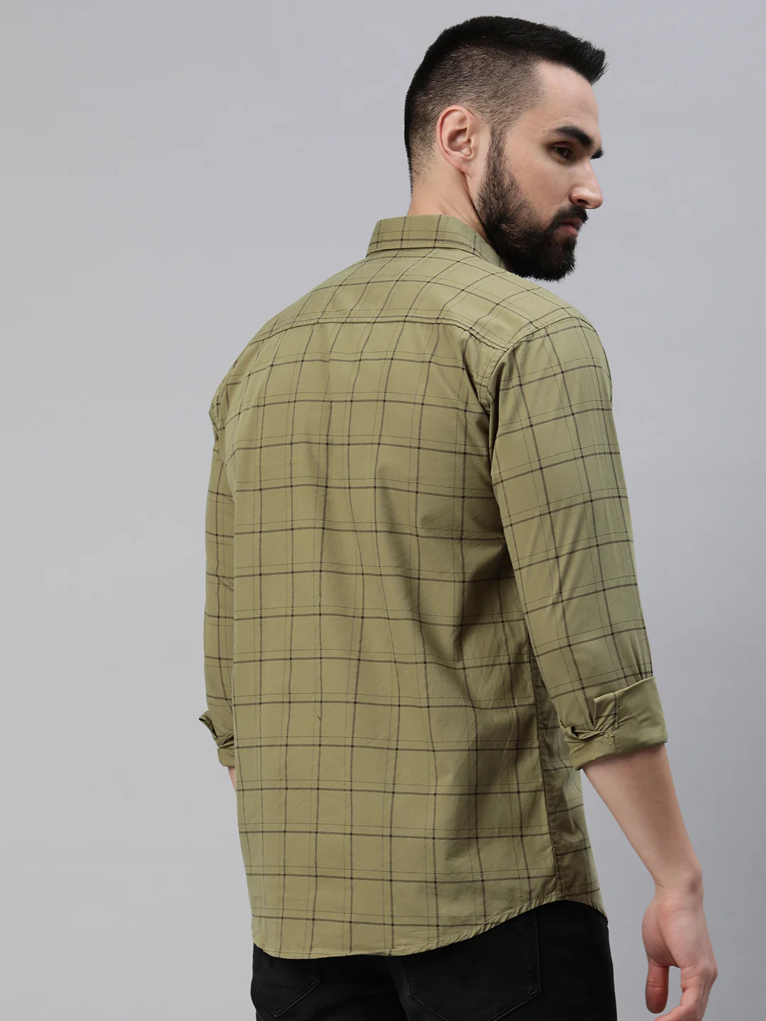 Majestic Man Checkered Slim fit Cotton Casual Shirt - Dusty Olive - Image 4