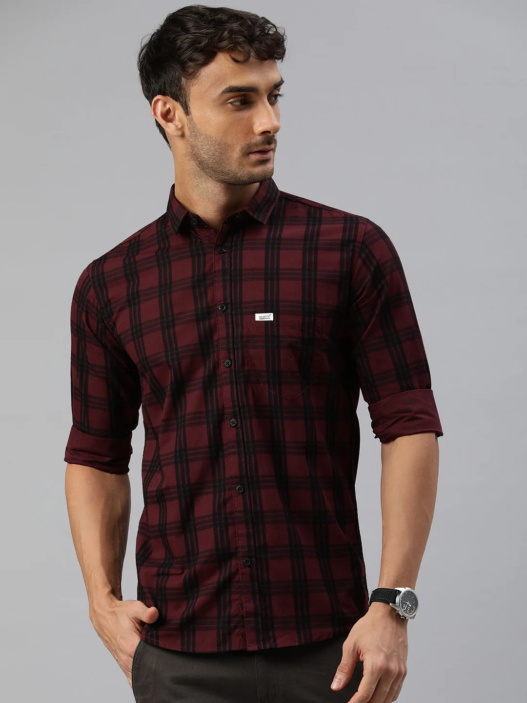 Majestic Man Checkered Slim fit Cotton Casual Shirt - Magenta - Image 5