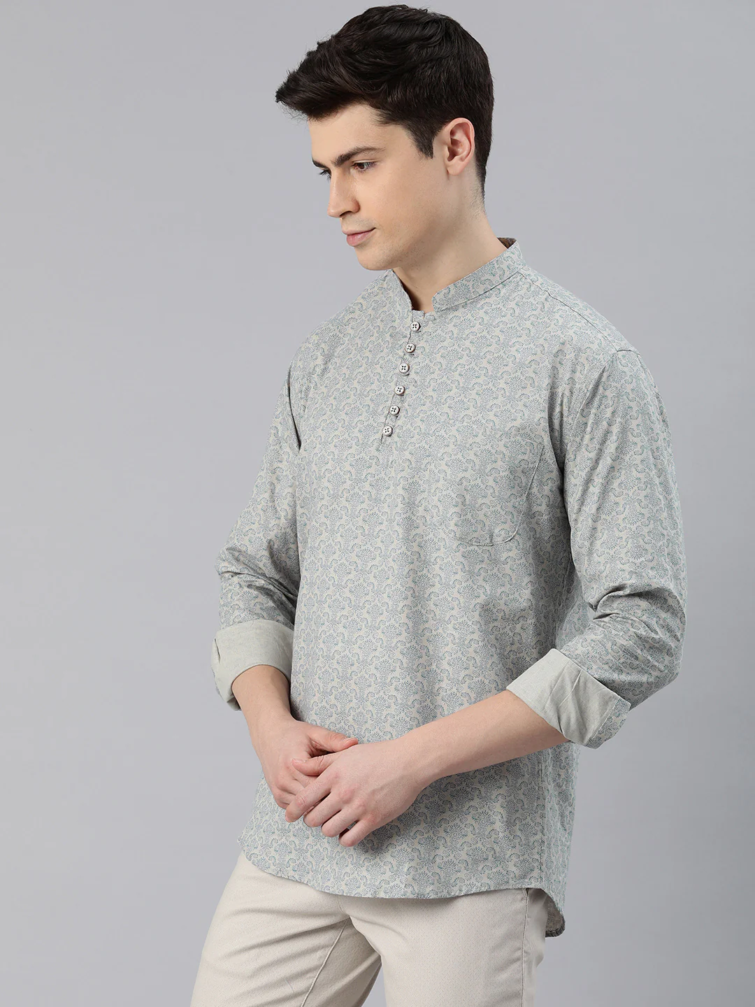 Majestic Man Classic Fit Cotton Printed Short Kurta - Clay - Image 2