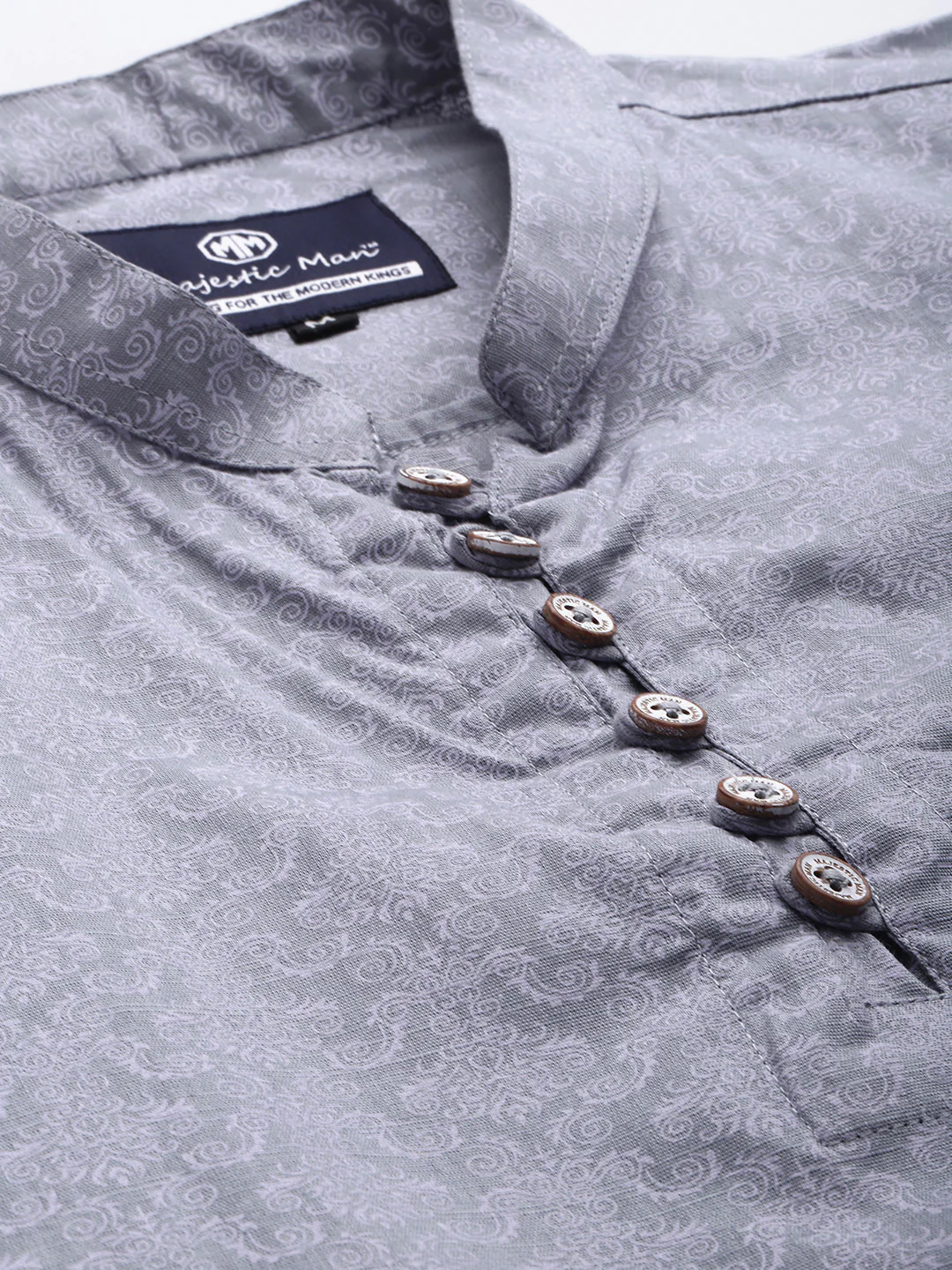 Majestic Man Classic Fit Cotton Printed Short Kurta - Grey - Image 2