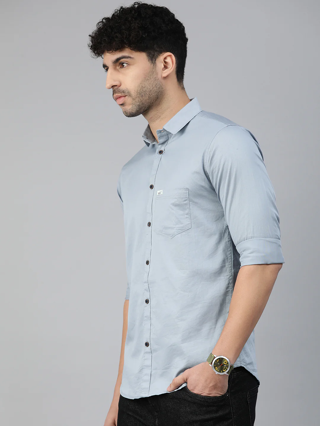 Majestic Man Comfort Slim Fit Solid Cotton Casual Shirt - Light Grey - Image 6