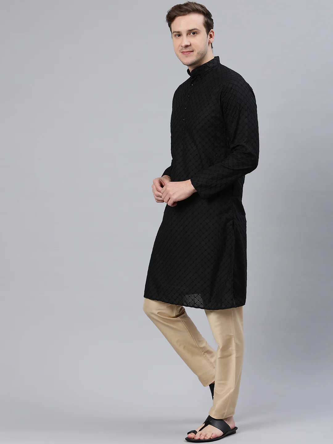 Majestic Man Ethnic Motifs Embroidered Long Kurta - Black - Image 4