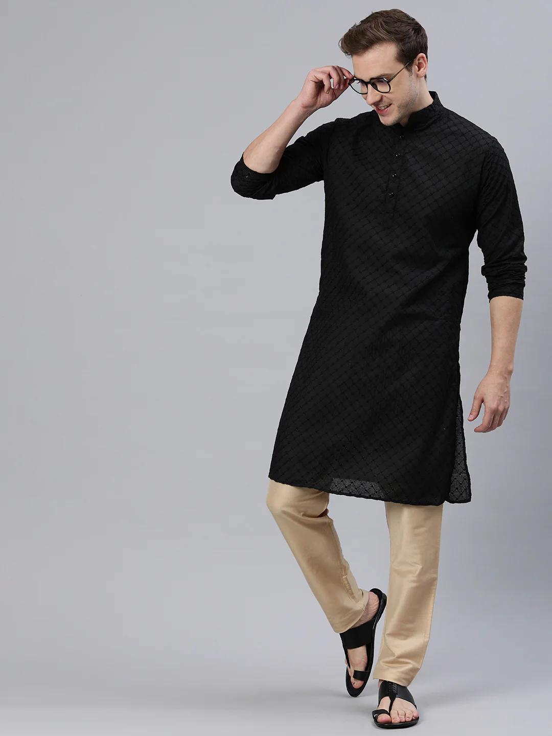 Majestic Man Ethnic Motifs Embroidered Long Kurta - Black - Image 6