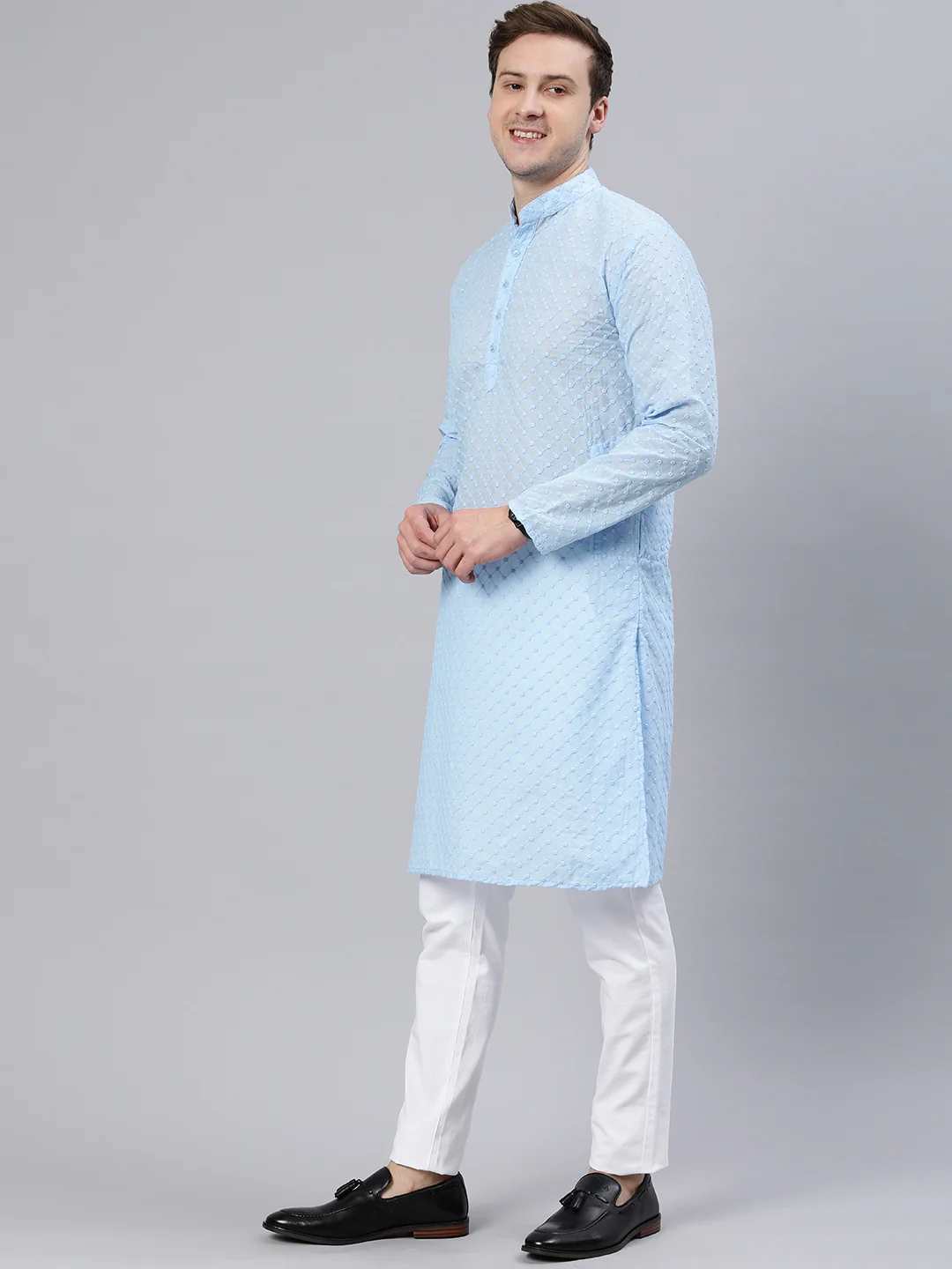 Majestic Man Ethnic Motifs Embroidered Long Kurta - Light Blue - Image 6