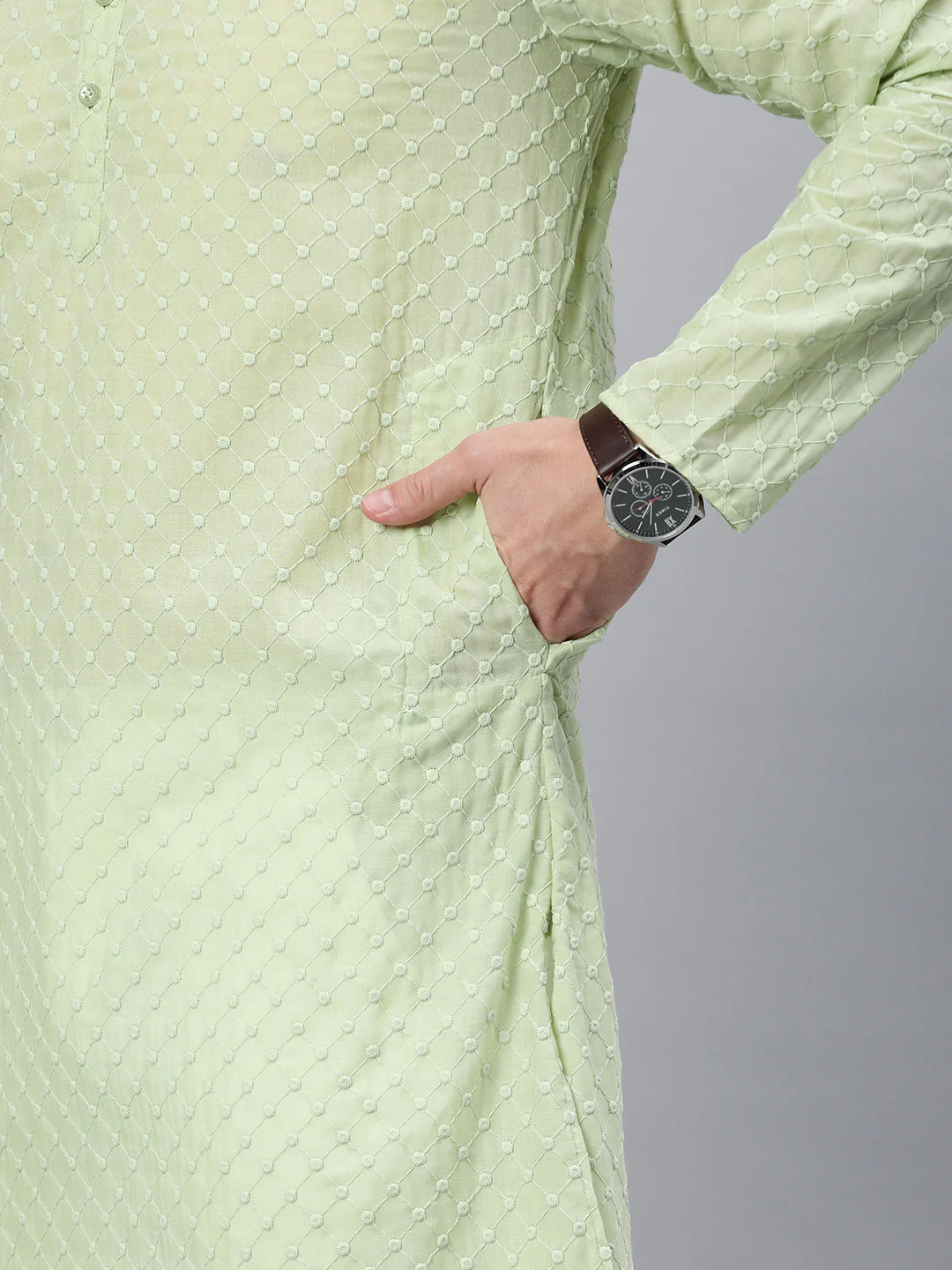 Majestic Man Ethnic Motifs Embroidered Long Kurta - Light Green - Image 3
