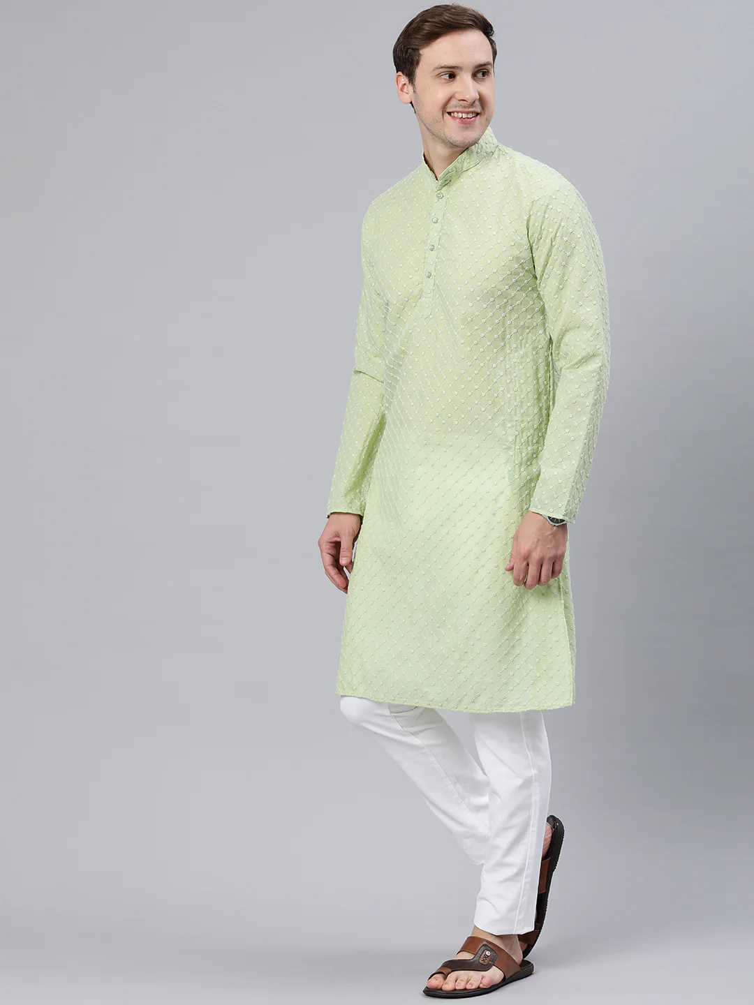 Majestic Man Ethnic Motifs Embroidered Long Kurta - Light Green - Image 5