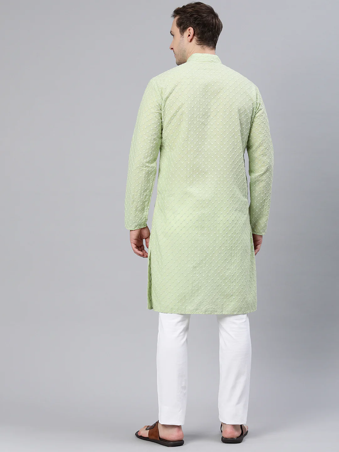 Majestic Man Ethnic Motifs Embroidered Long Kurta - Light Green - Image 6