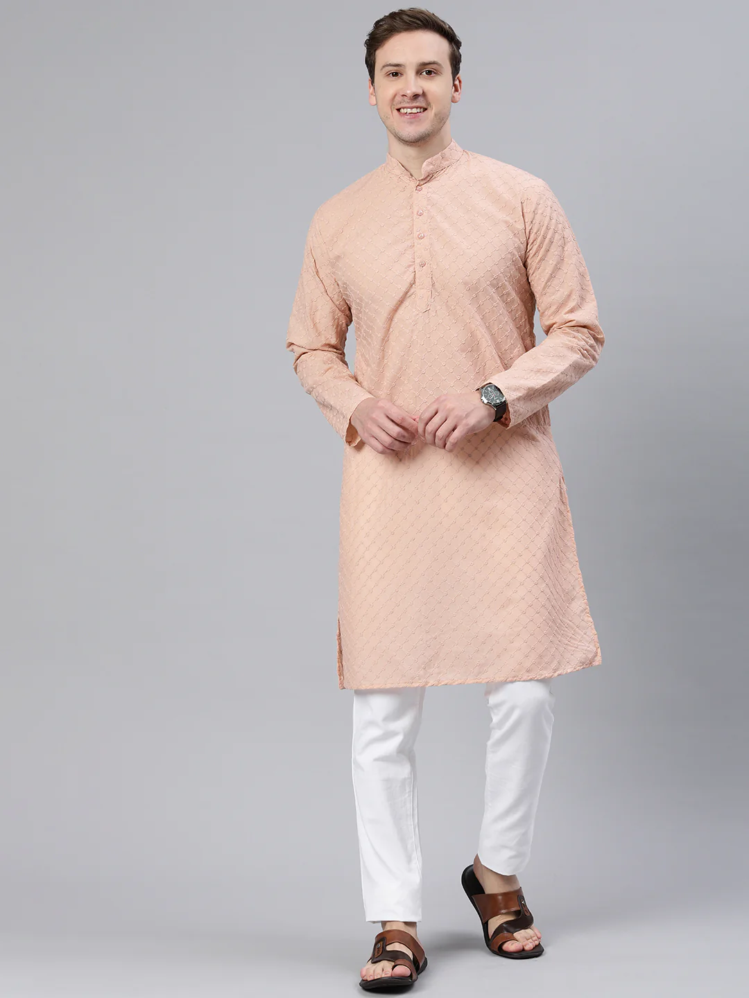 Majestic Man Ethnic Motifs Embroidered Long Kurta - Peach