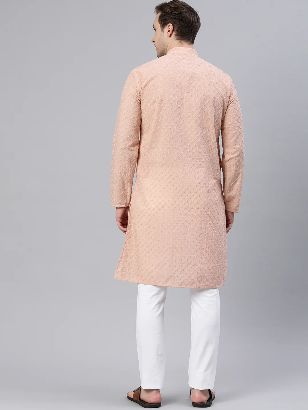 Majestic Man Ethnic Motifs Embroidered Long Kurta - Peach - Image 2