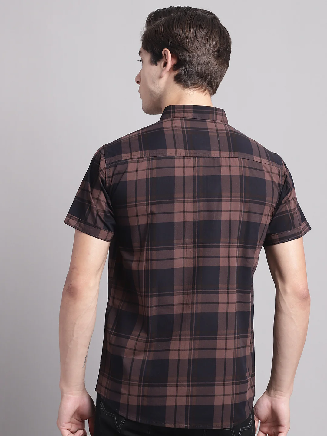Majestic Man Cotton Casual Checkered Half Sleeve Shirt - Coffee - Image 3