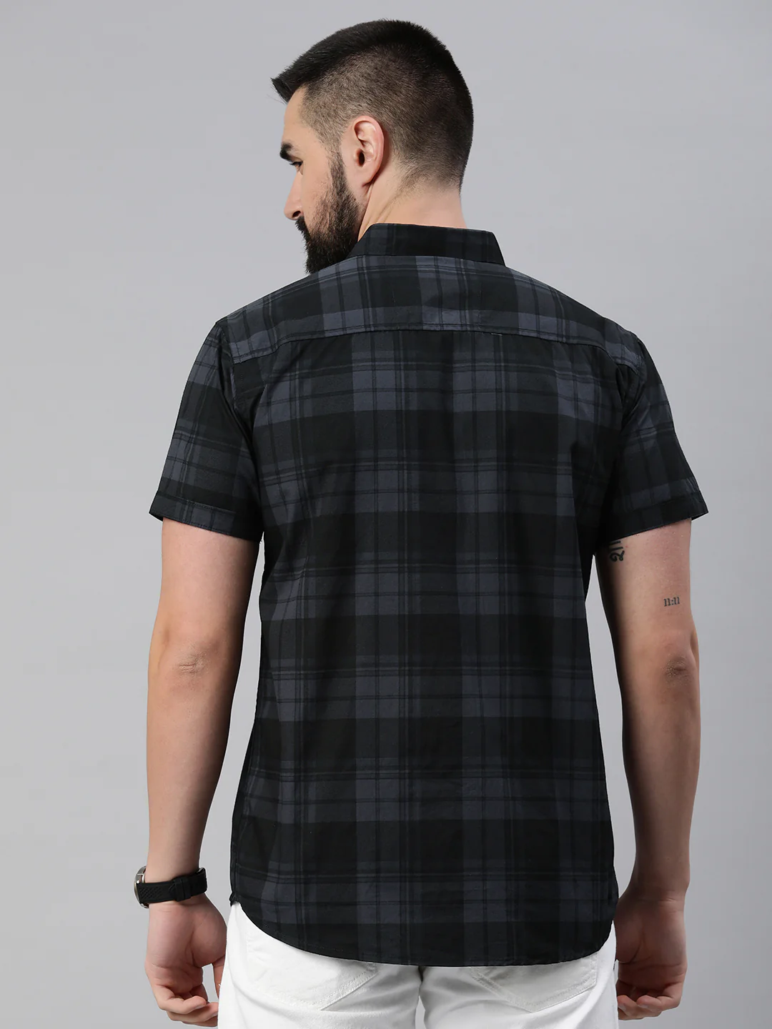 Majestic Man Cotton Casual Checkered Half Sleeve Shirt - Dark Grey - Image 2