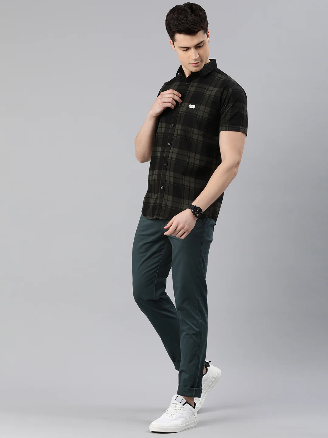 Majestic Man Cotton Casual Checkered Half Sleeve Shirt - Olive - Image 3