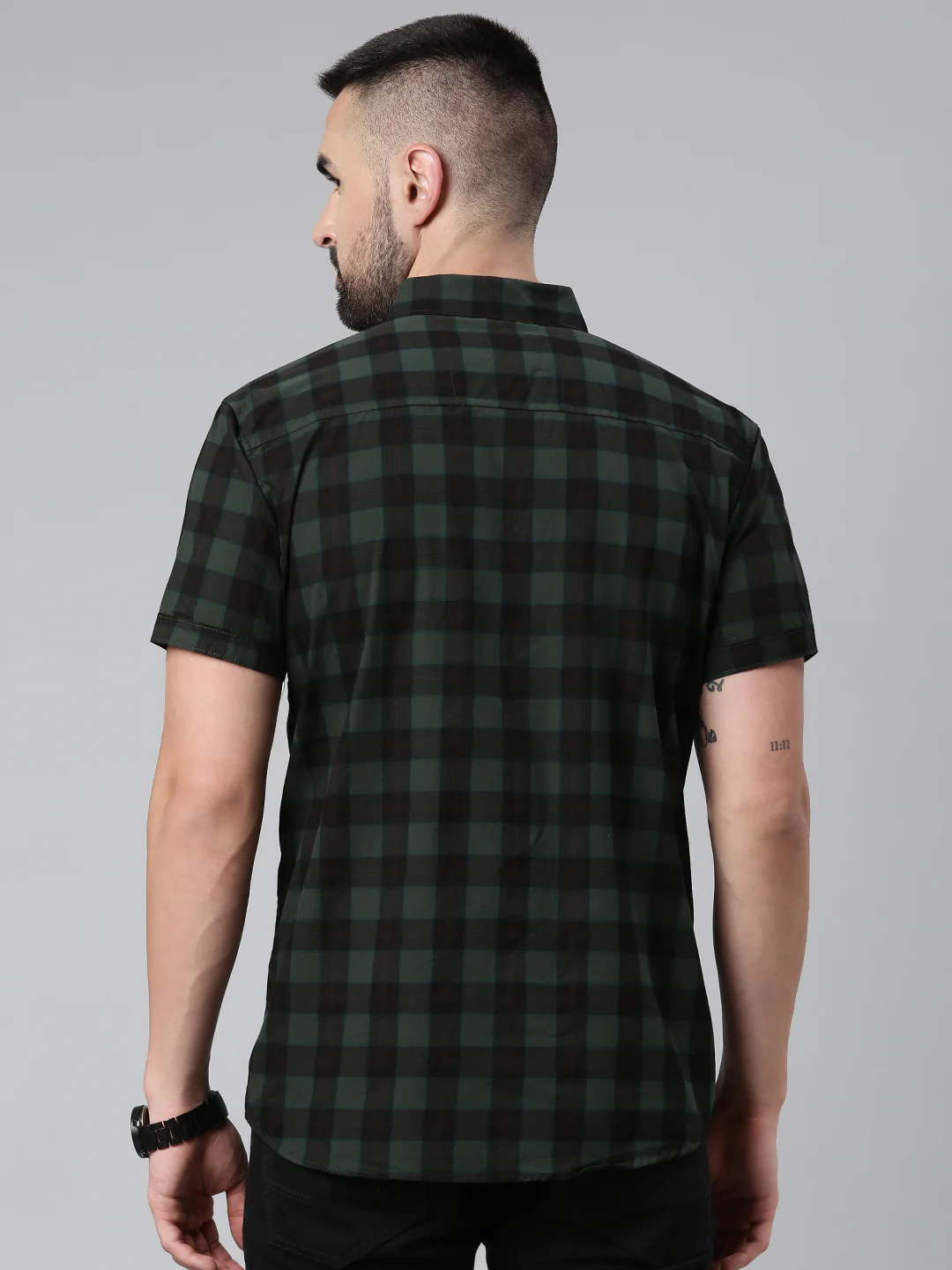 Half Sleeve Men's Casual Checkered Shirt - Bottle Green - Image 4