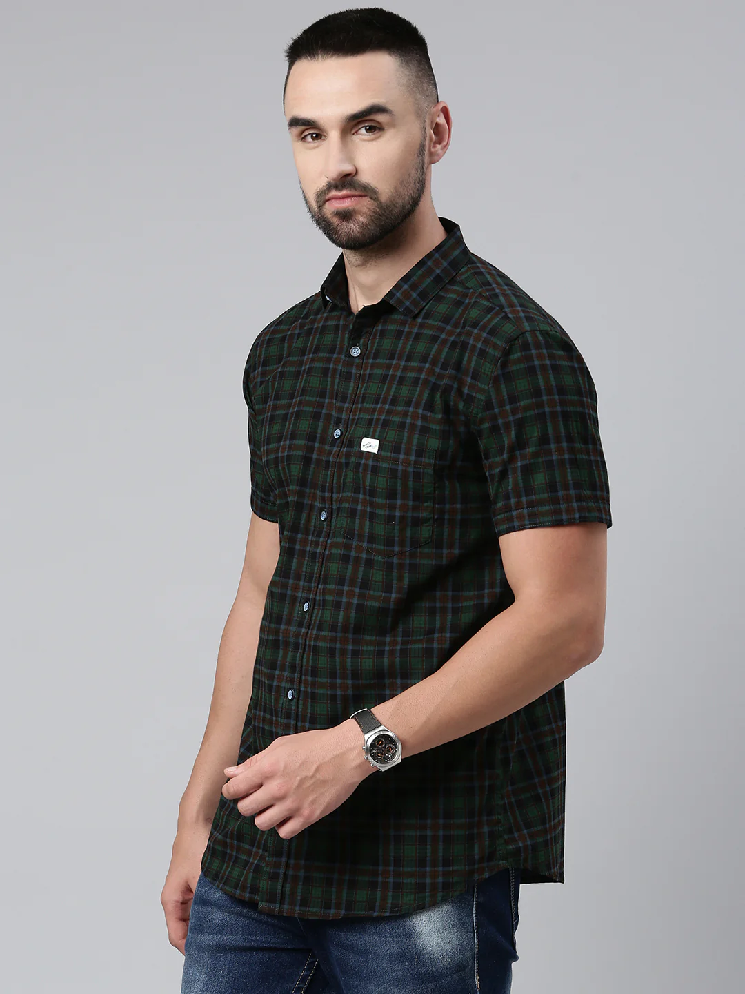 Majestic Man Checkered Half Sleeve Shirt - Green - Image 5