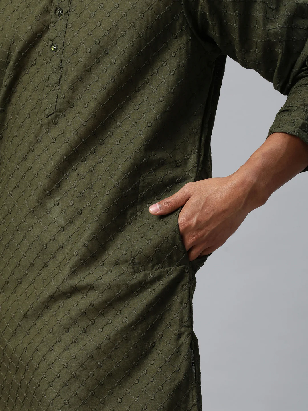 Majestic Man Ethnic Motifs Embroidered Long Kurta - Dark Green - Image 6