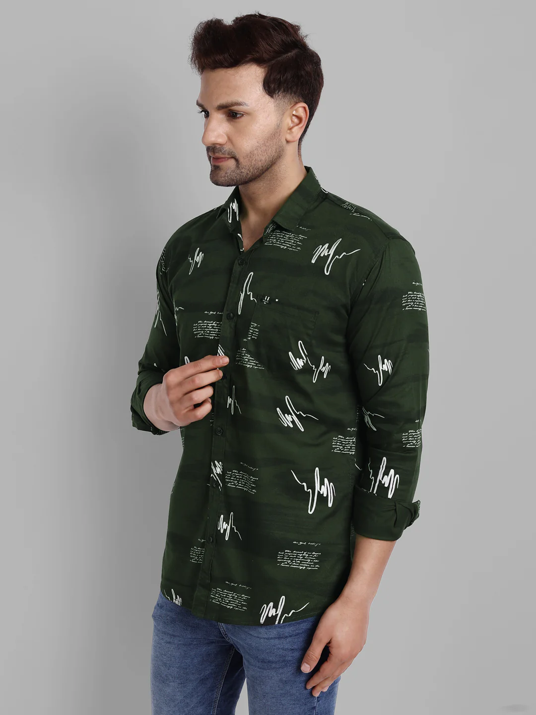 Majestic Man Pure Cotton Printed Shirt - Bottle green - Image 3