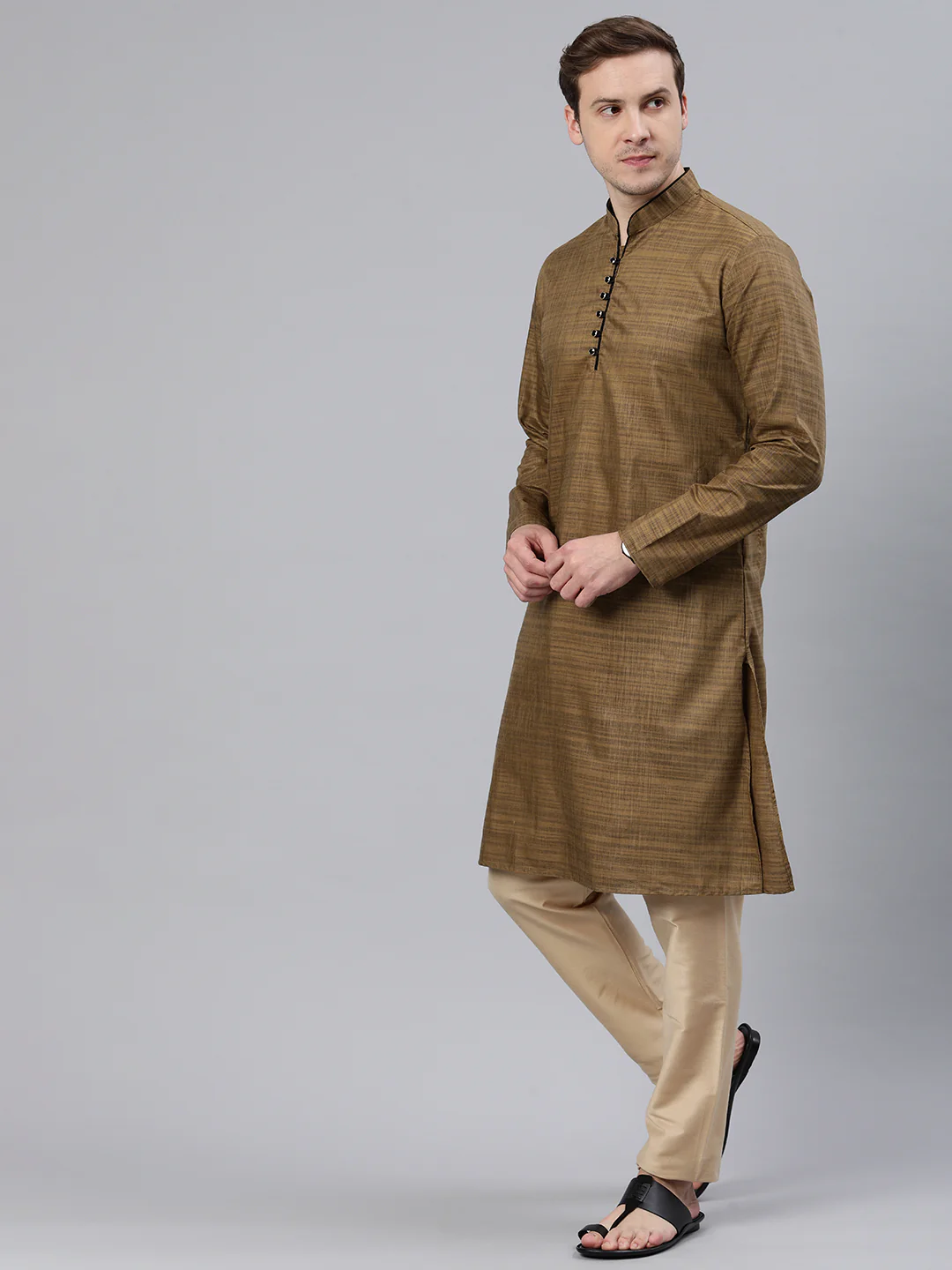Majestic Man Regular Woven Design Fancy Long Kurta - Brown - Image 5
