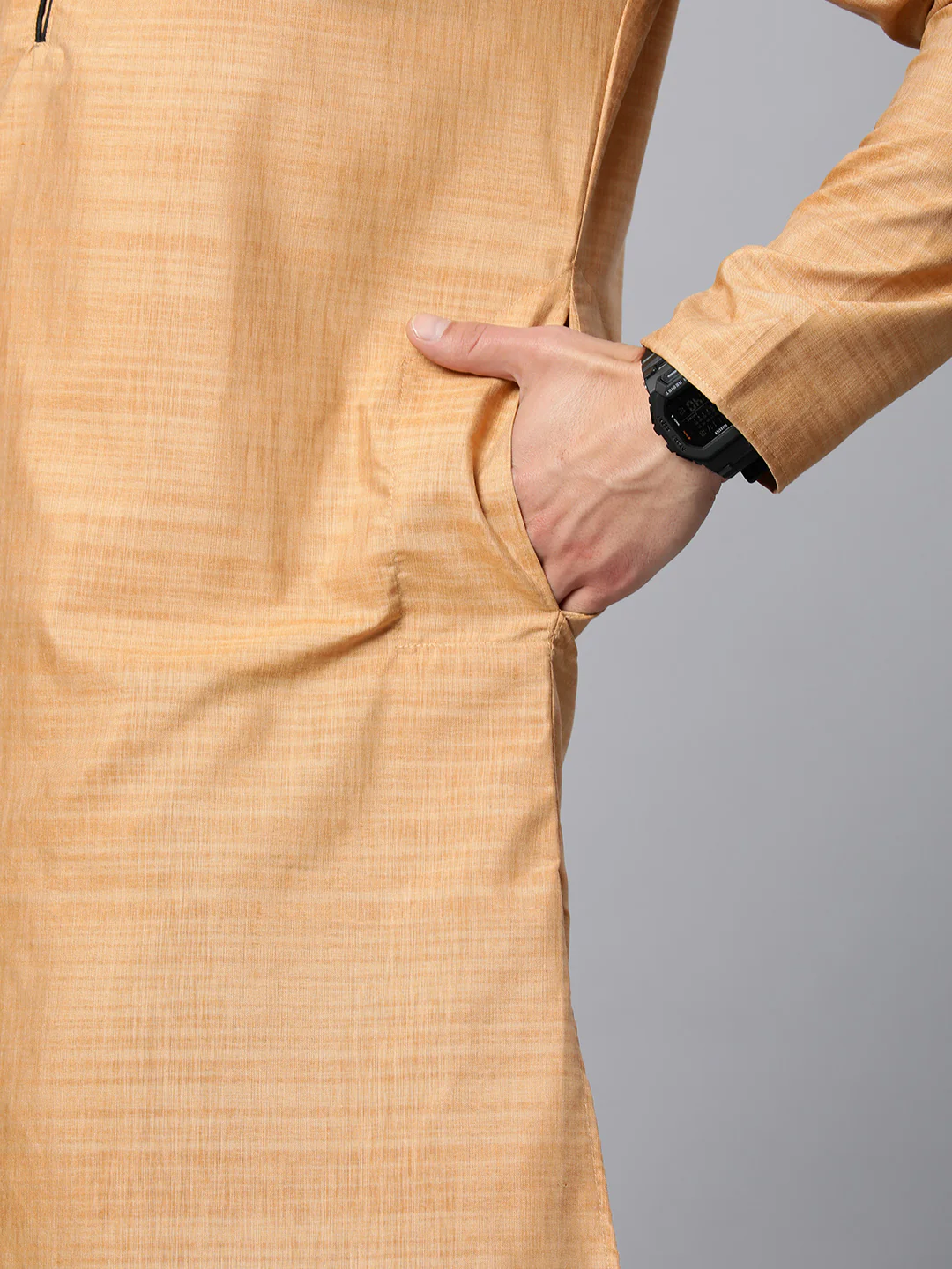 Majestic Man Regular Woven Design Fancy Long Kurta - Chiku - Image 3