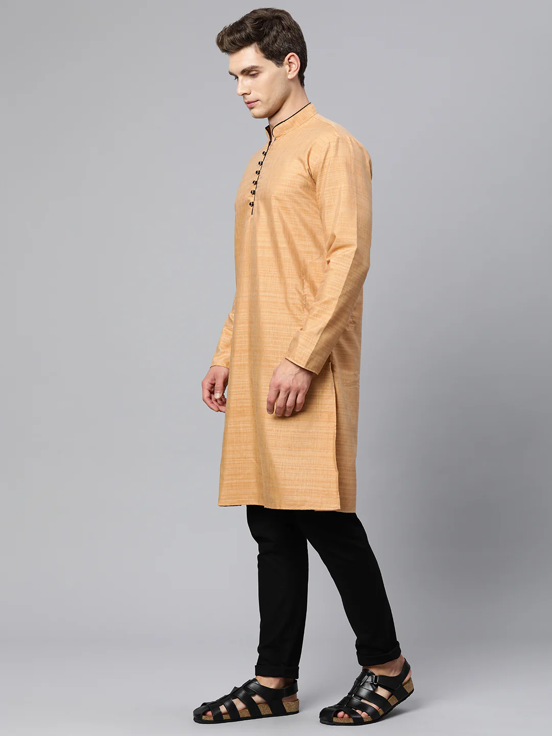 Majestic Man Regular Woven Design Fancy Long Kurta - Chiku - Image 5