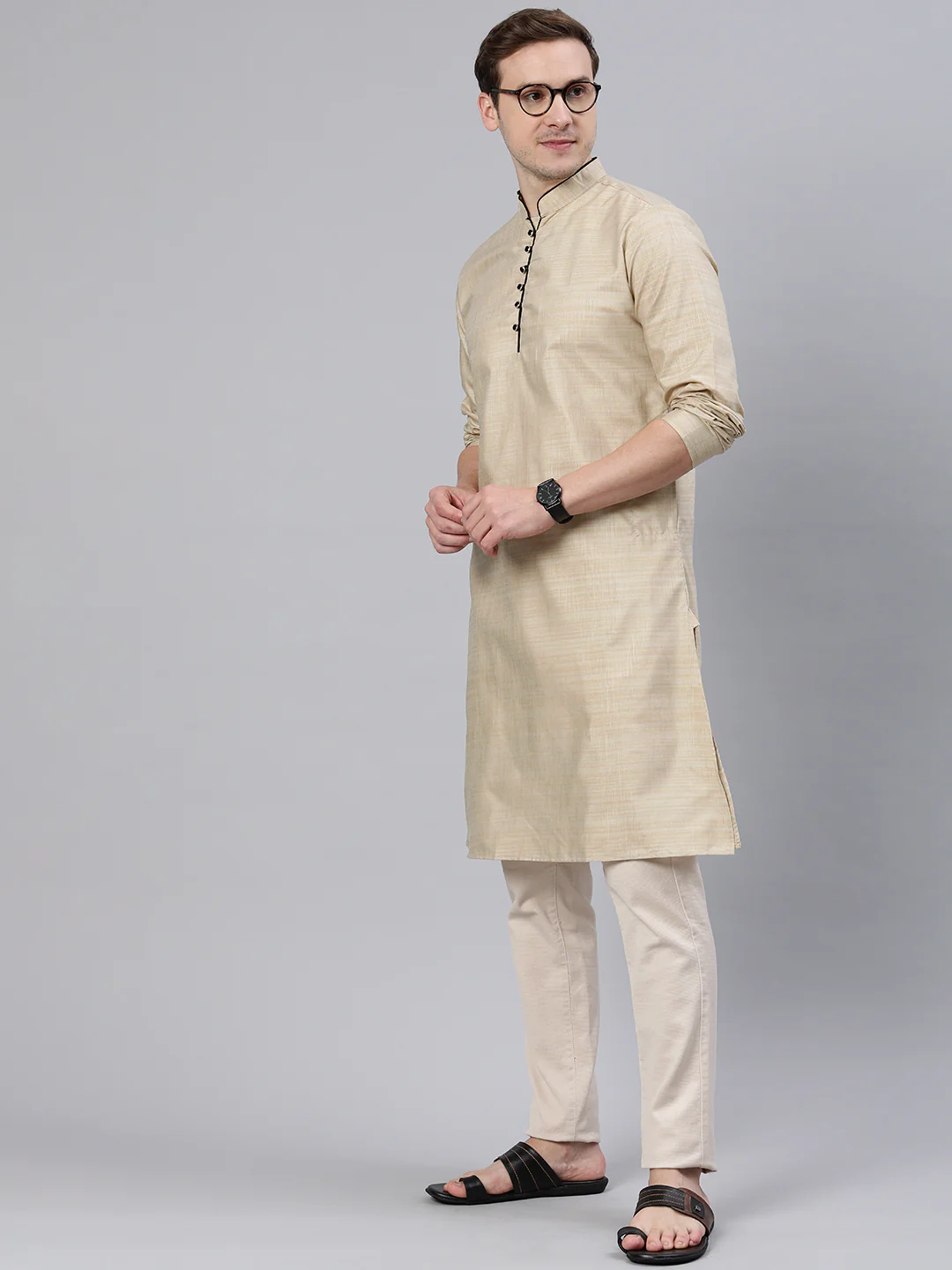 Majestic Man Regular Woven Design Fancy Long Kurta - Cream - Image 3