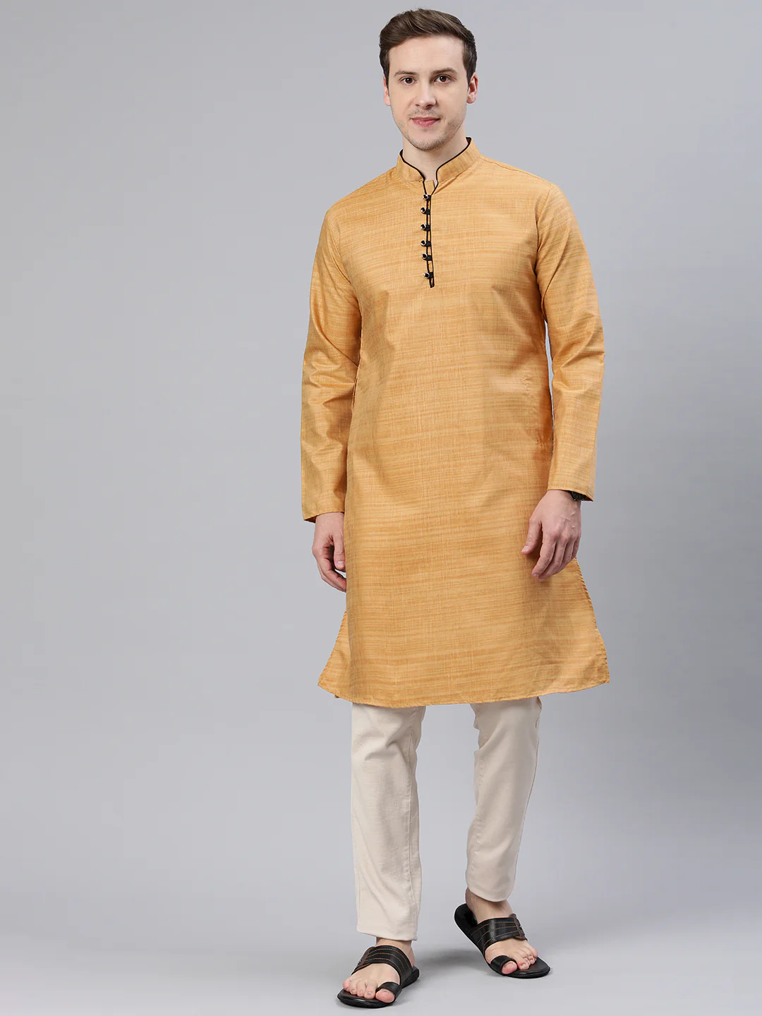 Majestic Man Regular Woven Design Fancy Long Kurta - Gold - Image 3