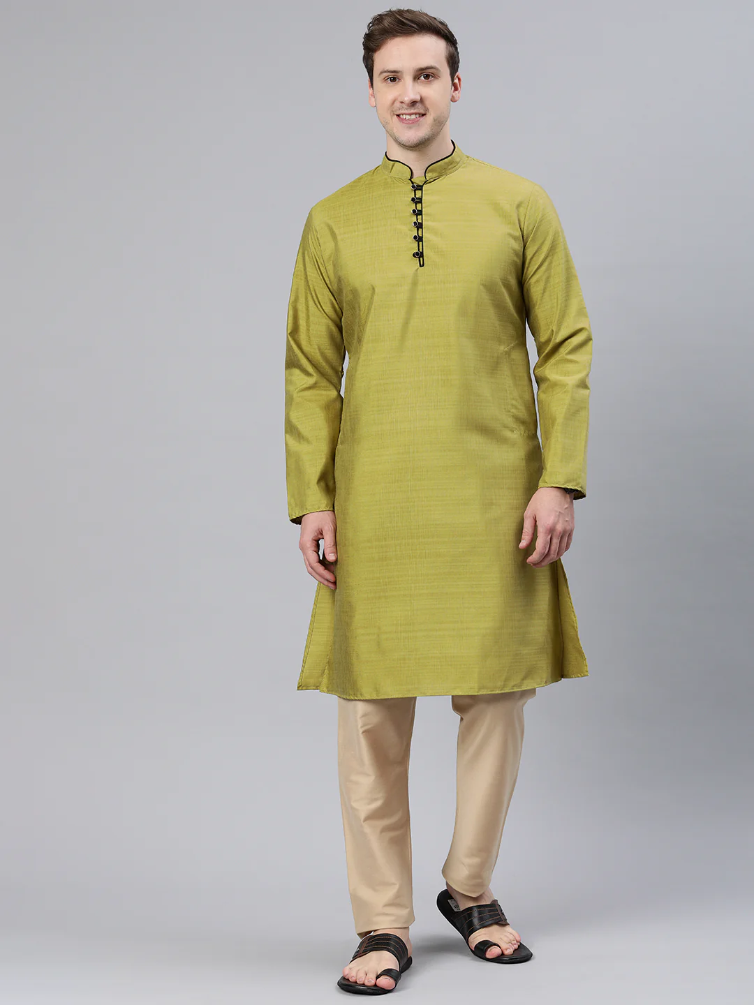 Majestic Man Regular Woven Design Fancy Long Kurta - Green - Image 3