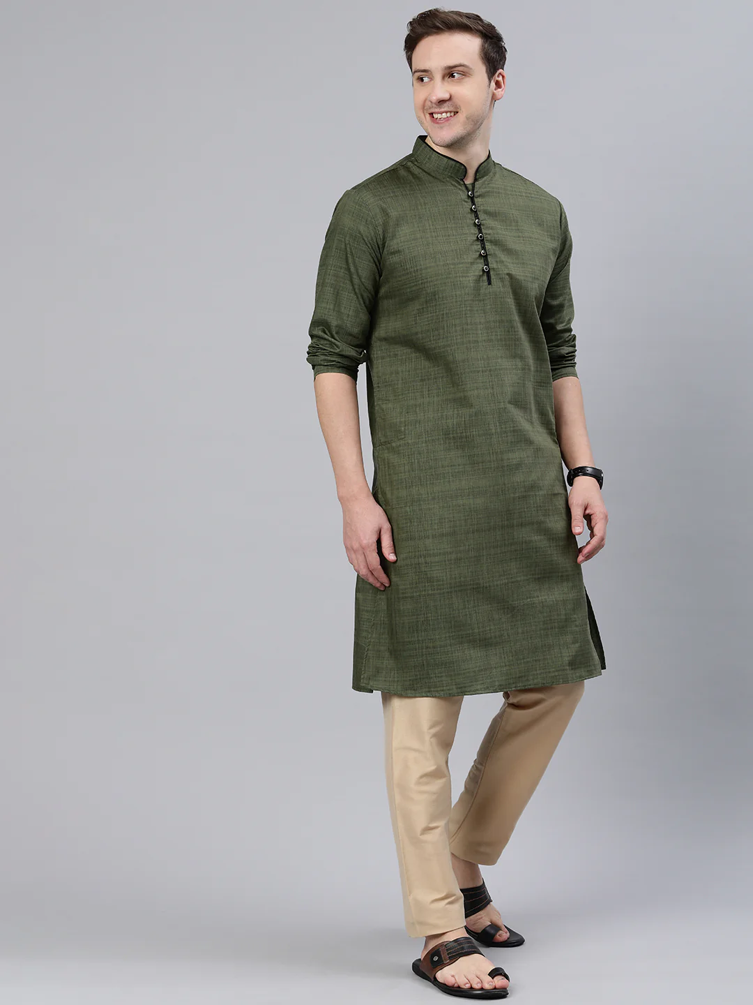 Majestic Man Regular Woven Design Fancy Long Kurta - Mehndi - Image 3