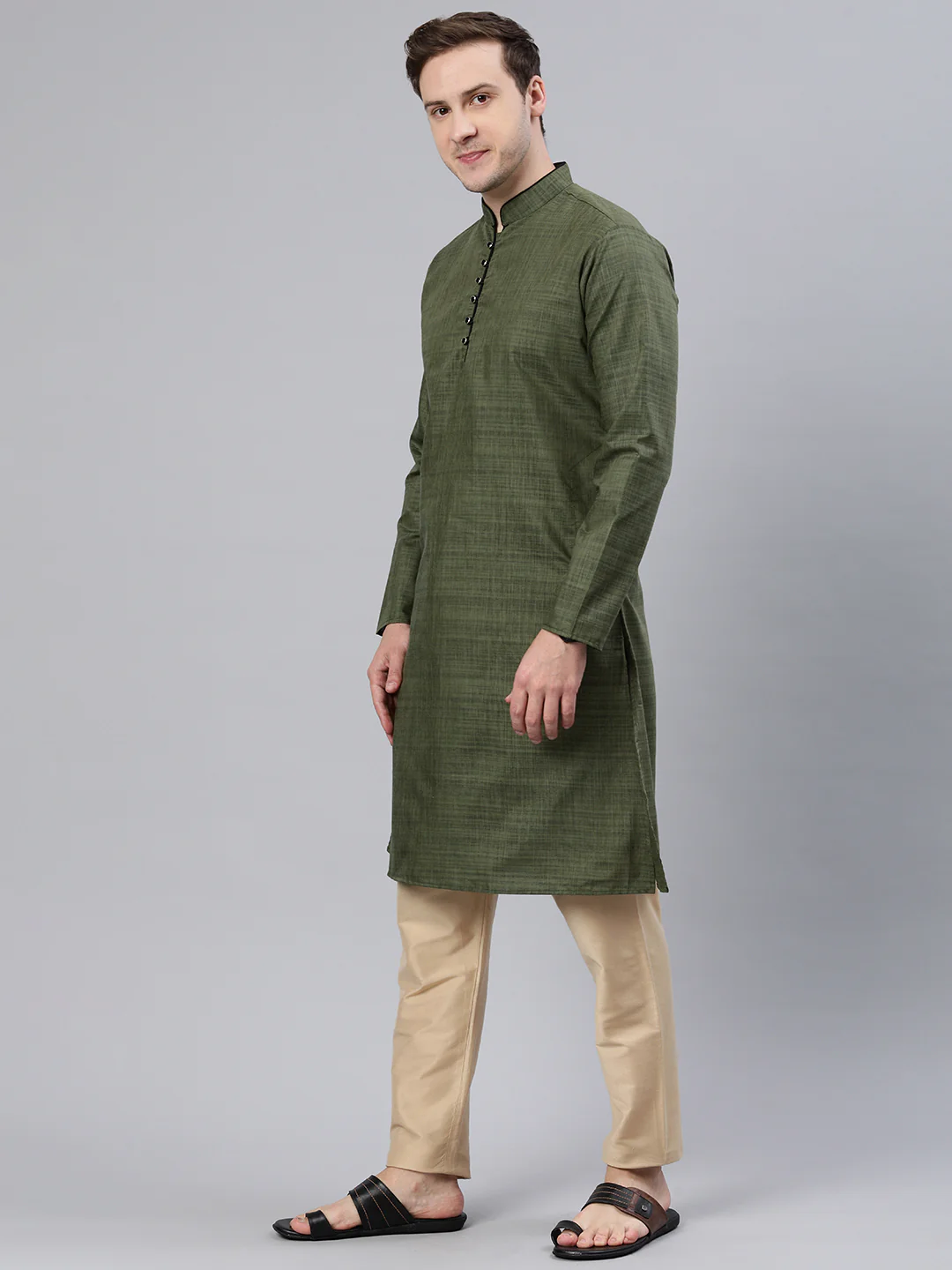 Majestic Man Regular Woven Design Fancy Long Kurta - Mehndi - Image 6