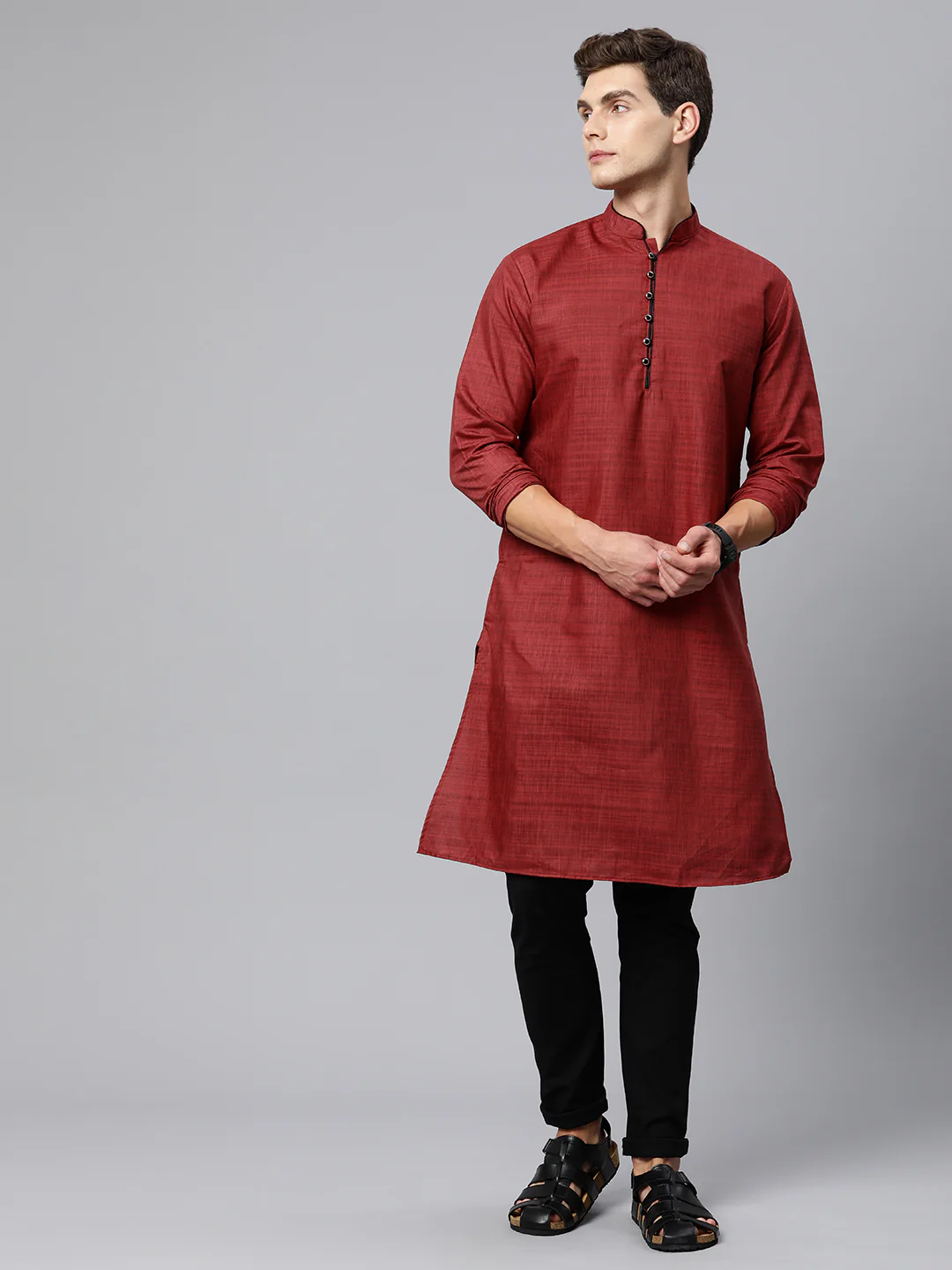 Majestic Man Regular Woven Design Fancy Long Kurta - Maroon - Image 3