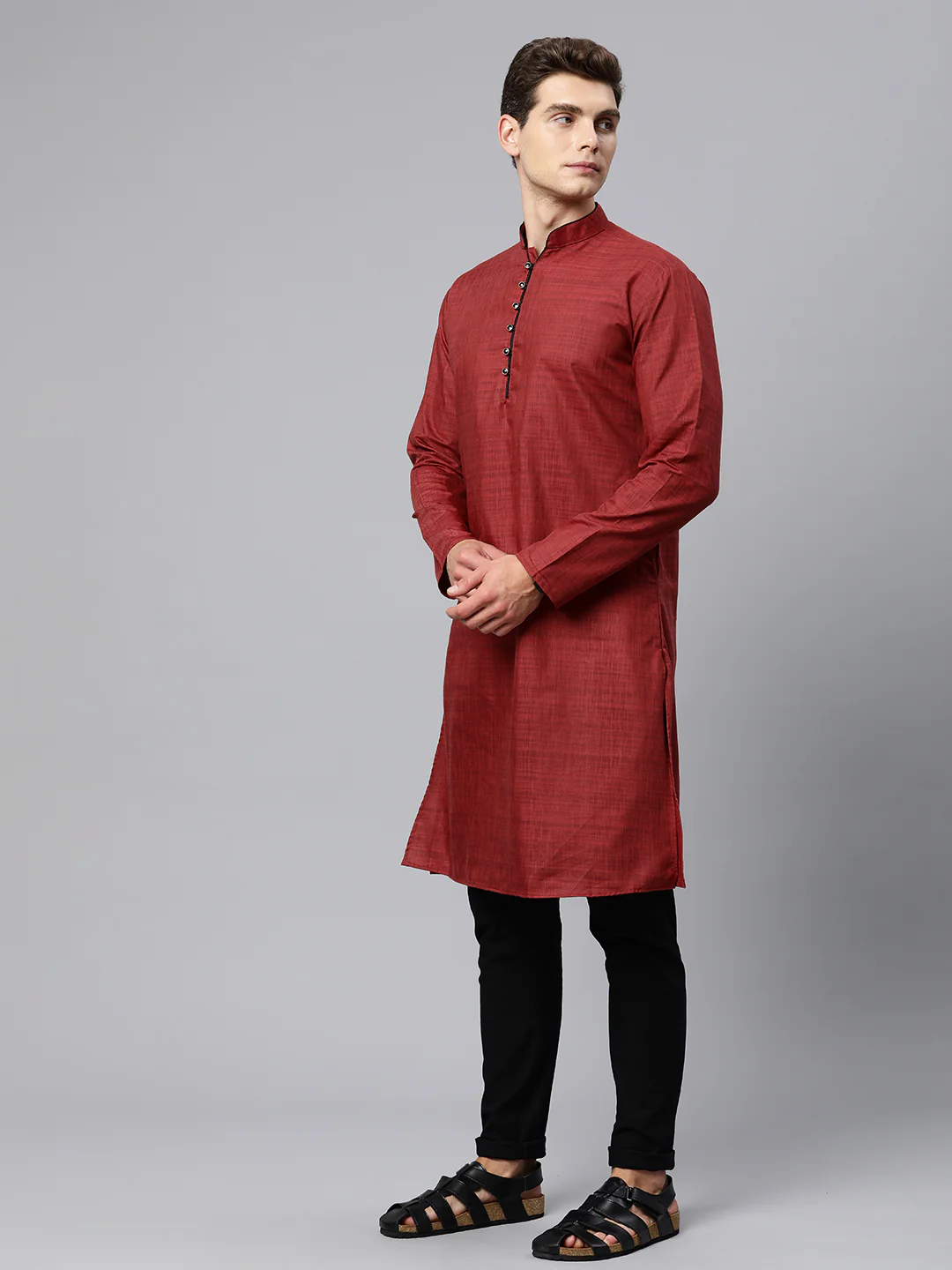 Majestic Man Regular Woven Design Fancy Long Kurta - Maroon - Image 5
