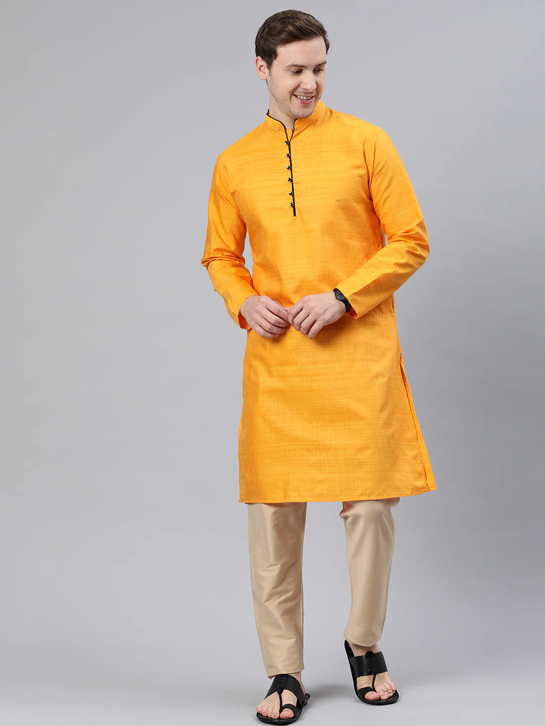 Majestic Man Regular Woven Design Fancy Long Kurta - Mustard - Image 3