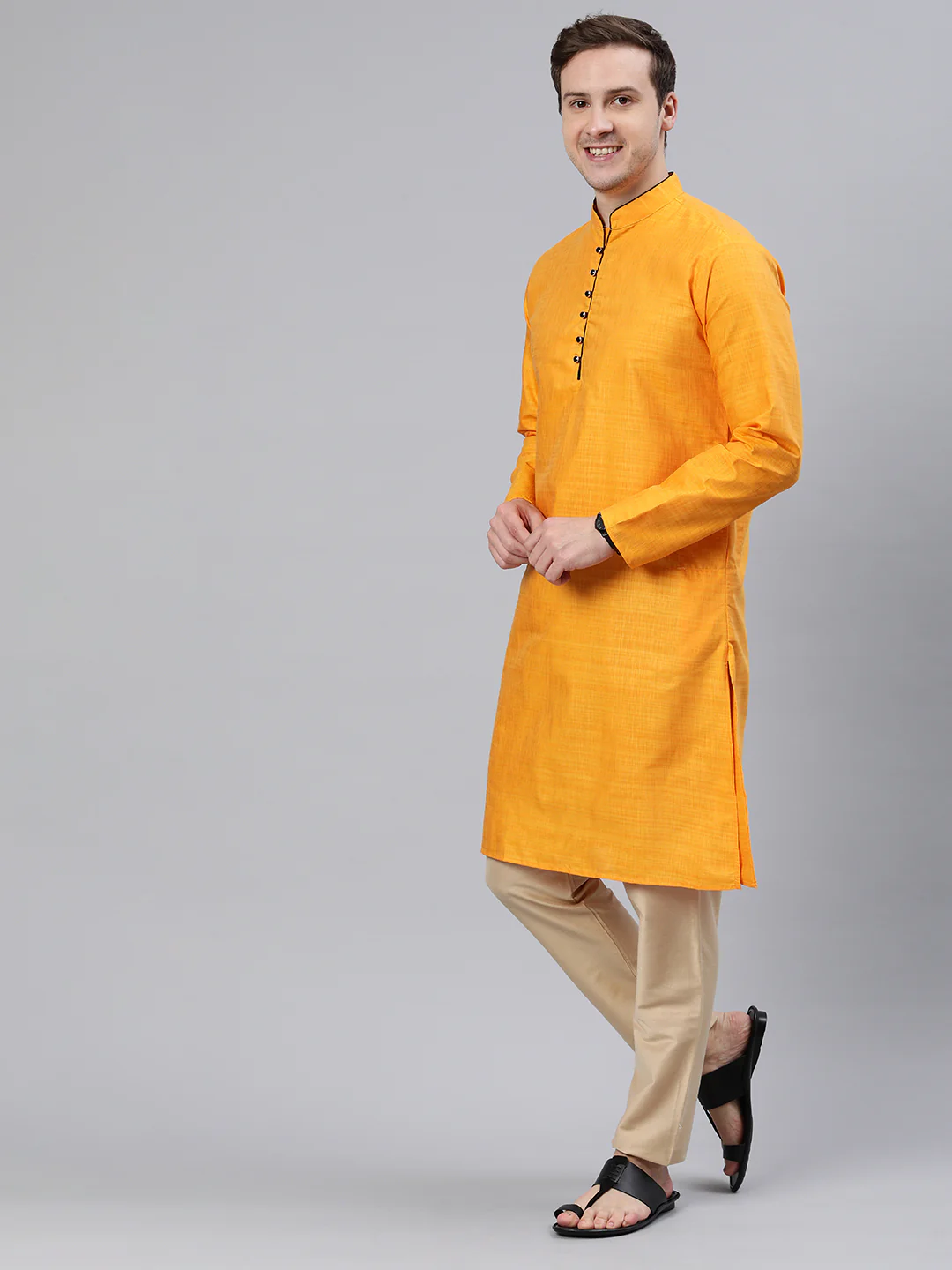 Majestic Man Regular Woven Design Fancy Long Kurta - Mustard - Image 5