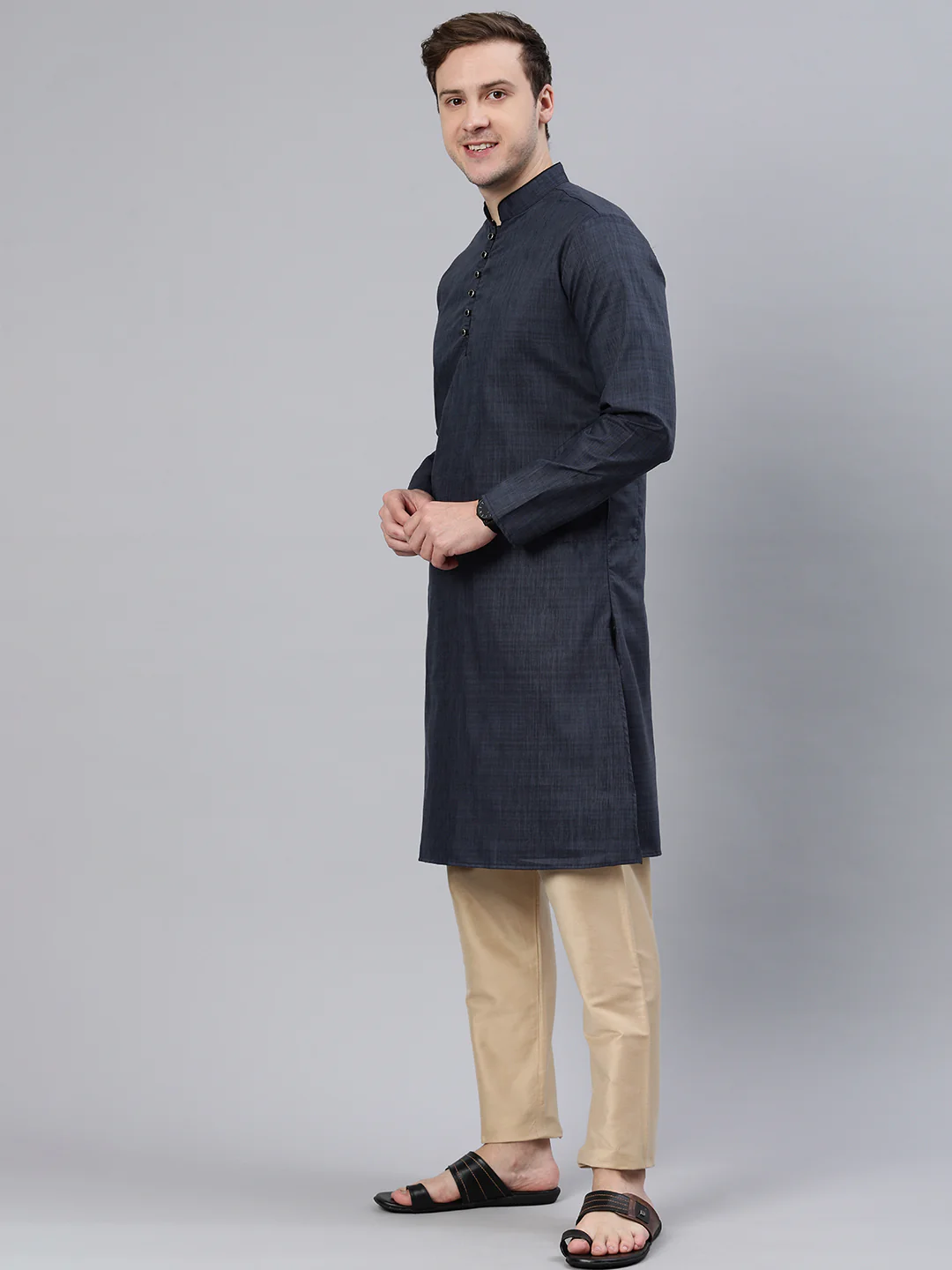 Majestic Man Regular Woven Design Fancy Long Kurta - Navy - Image 5