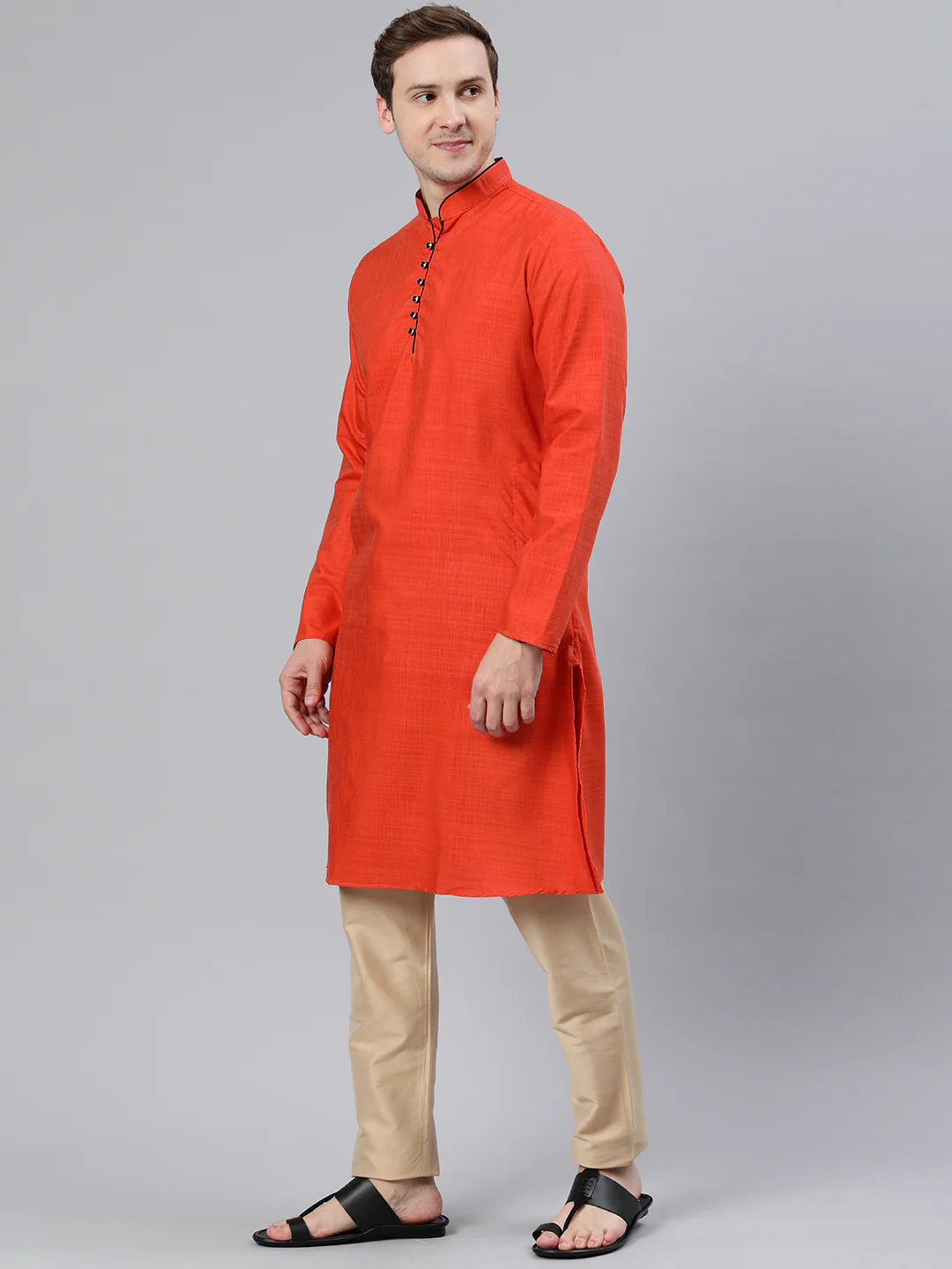 Majestic Man Regular Woven Design Fancy Long Kurta - Orange - Image 5