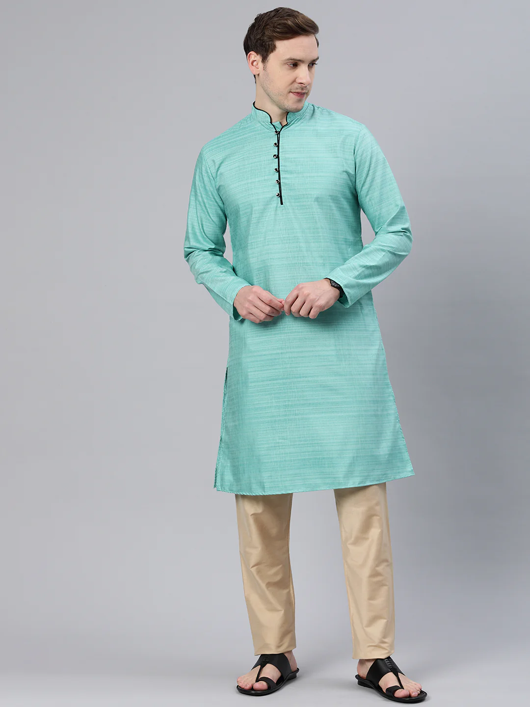 Majestic Man Regular Woven Design Fancy Long Kurta - Rama - Image 3