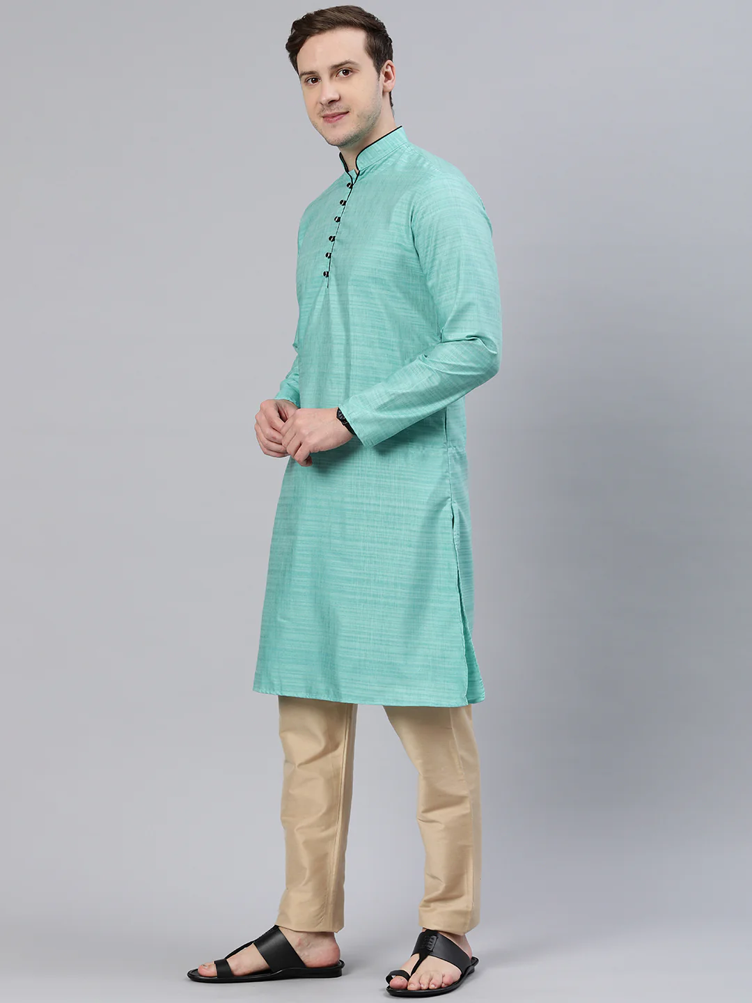 Majestic Man Regular Woven Design Fancy Long Kurta - Rama - Image 5