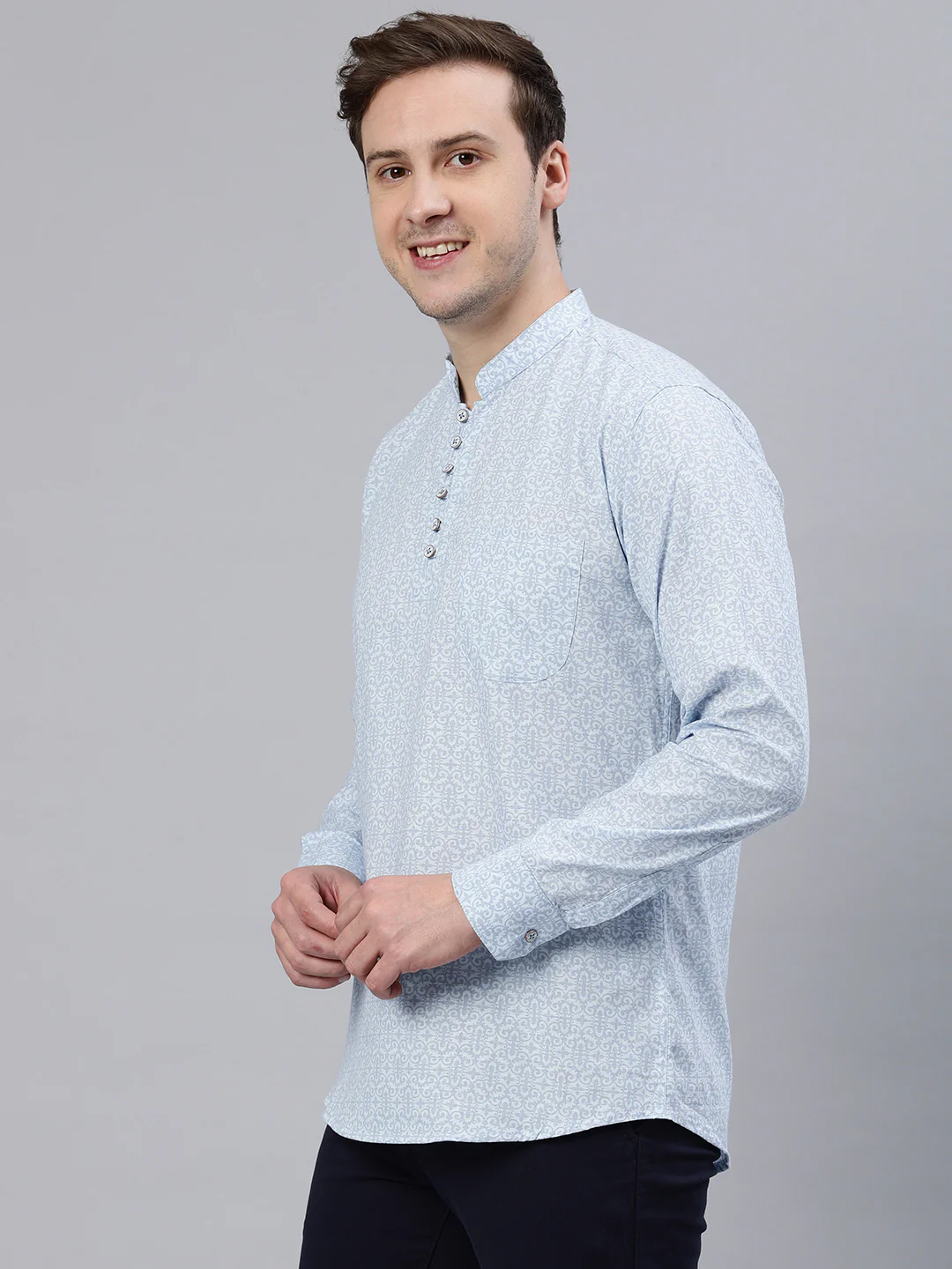 Majestic Man Cotton Printed Casual Short Kurta - Ice Blue - Image 3