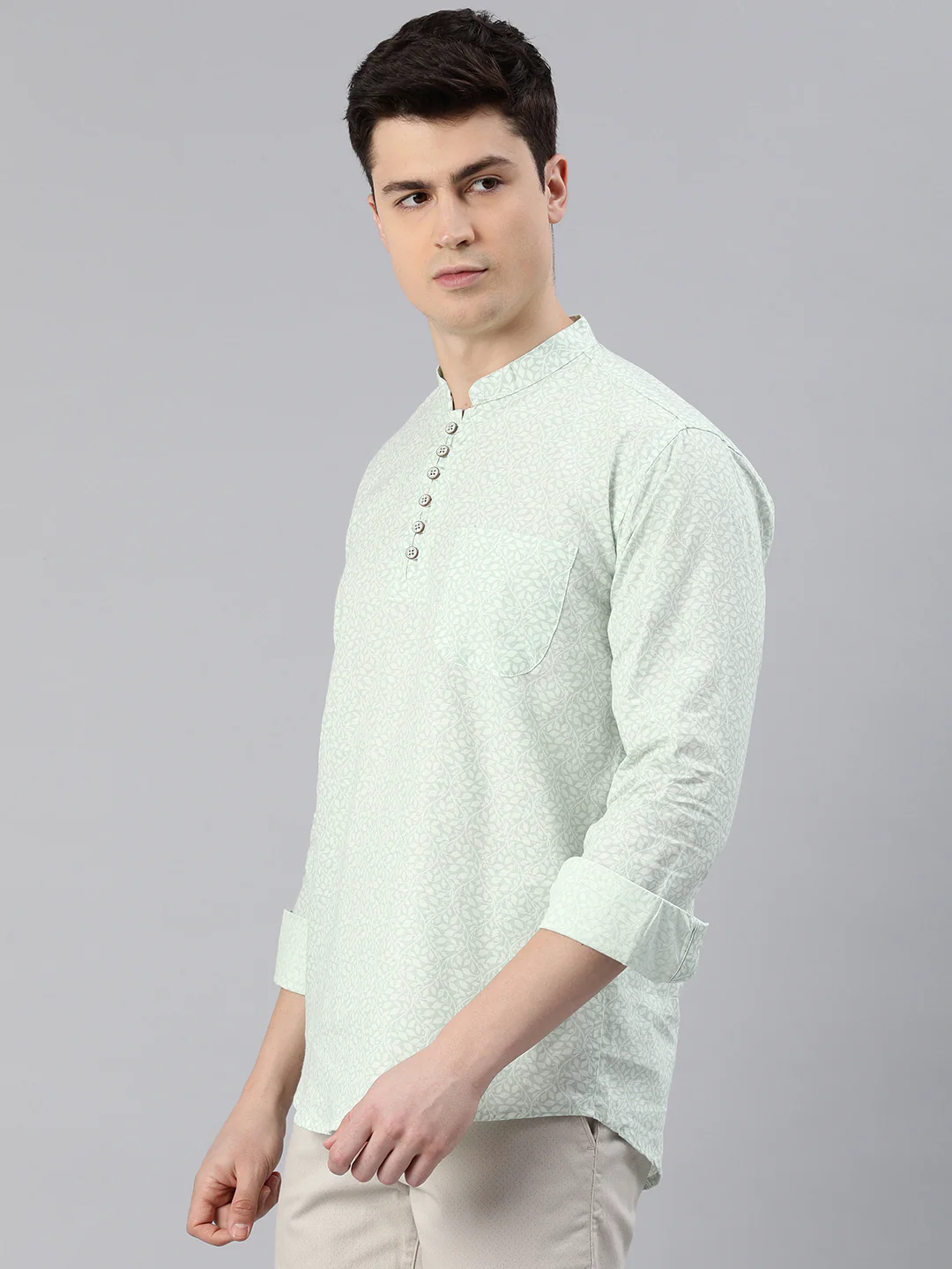 Majestic Man Slim Fit Cotton Printed Short Kurta - Cream - Image 3