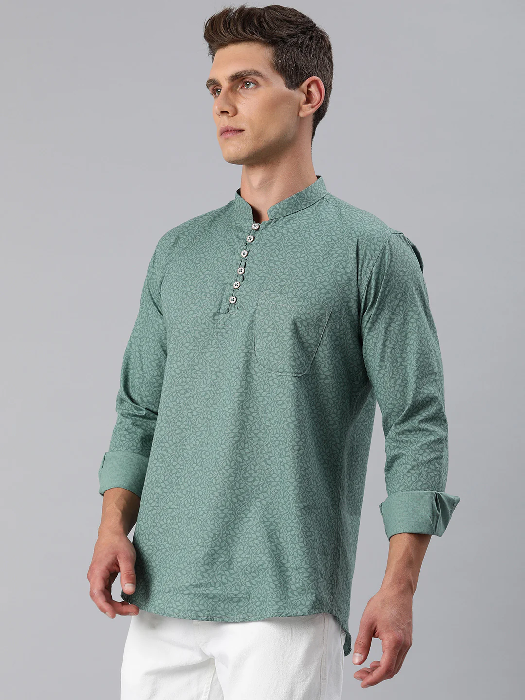 Majestic Man Slim Fit Cotton Printed Short Kurta - Green - Image 4