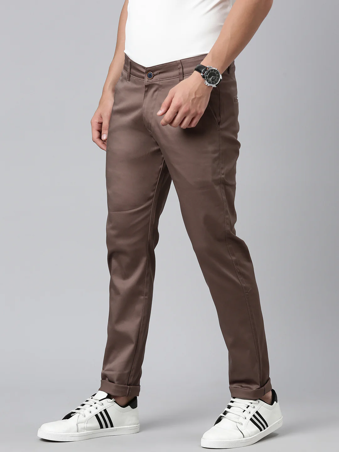 Majestic Man Regular Fit Satin Finish Cotton Casual Solid Chinos Trouser - Metal Brown - Image 6