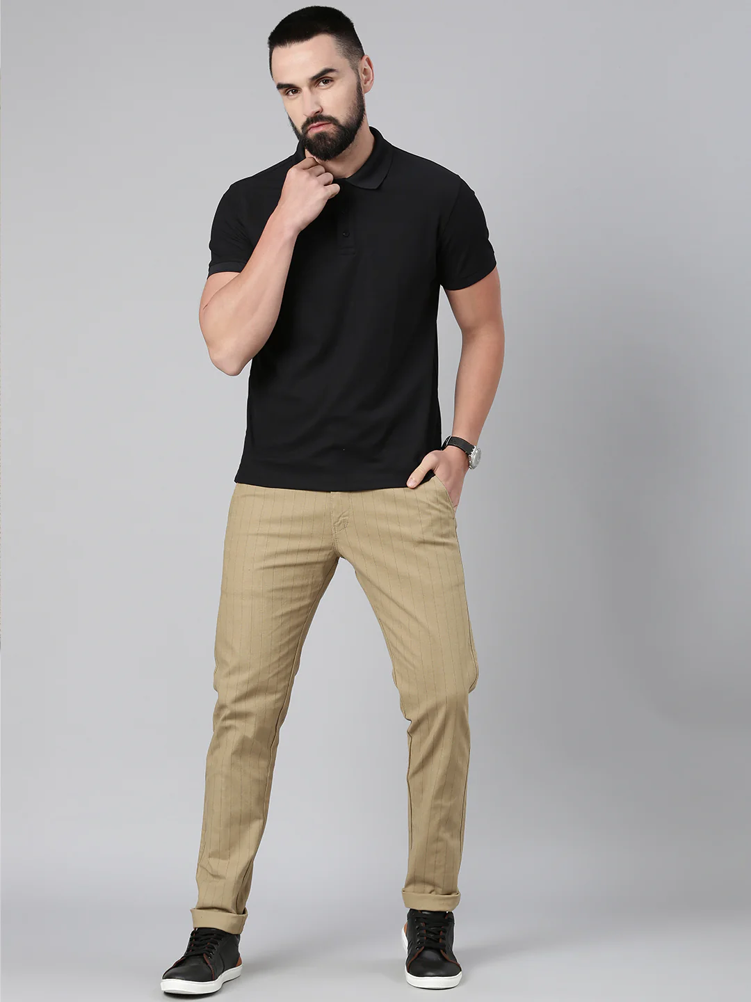Majestic Man stripe Casual Solid Trouser - Beige - Image 2