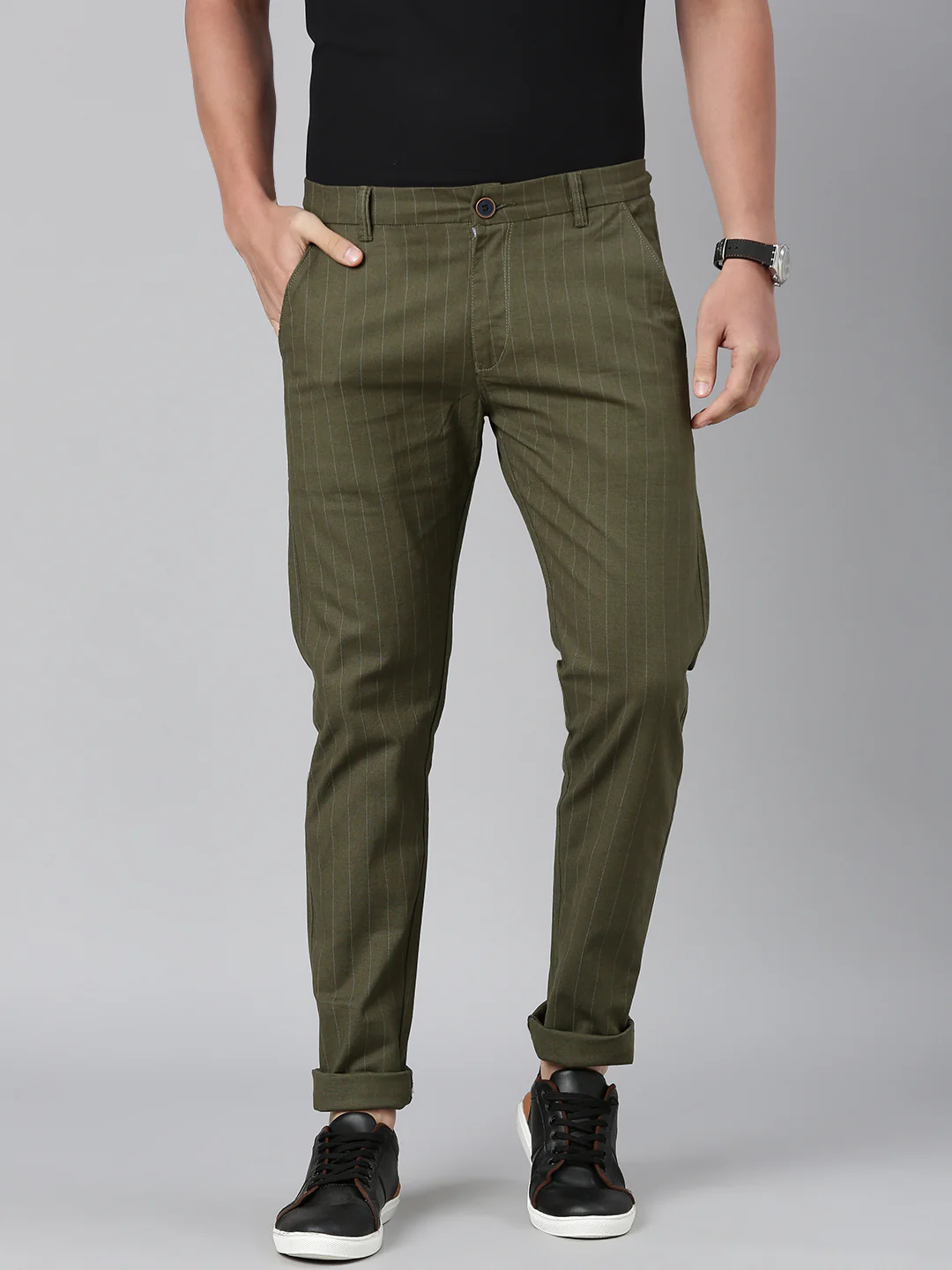 Majestic Man stripe Casual Solid Trouser - Olive