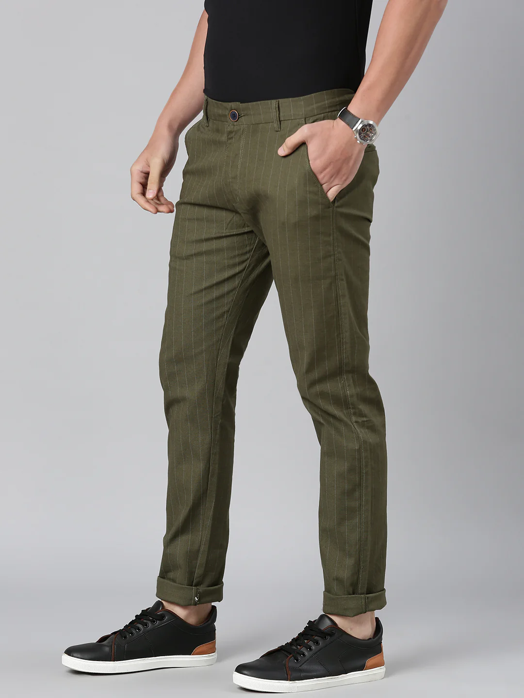 Majestic Man stripe Casual Solid Trouser - Olive - Image 6