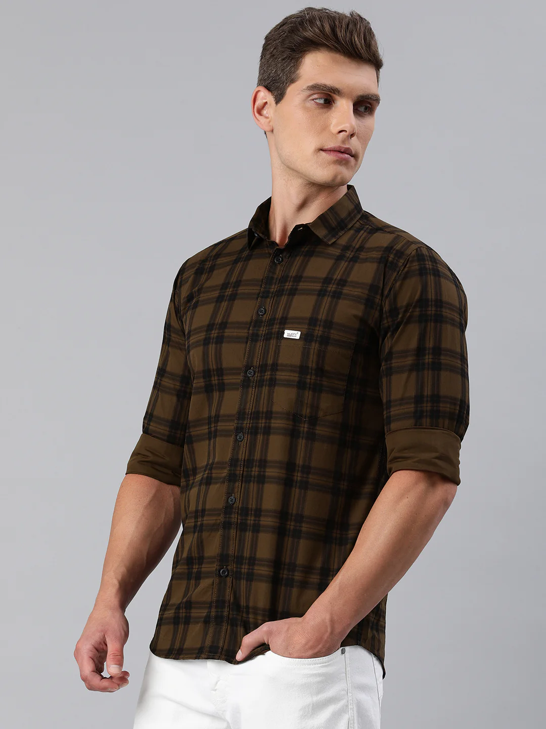 Majestic Man Checkered Slim fit Cotton Casual Shirt - Brown - Image 6
