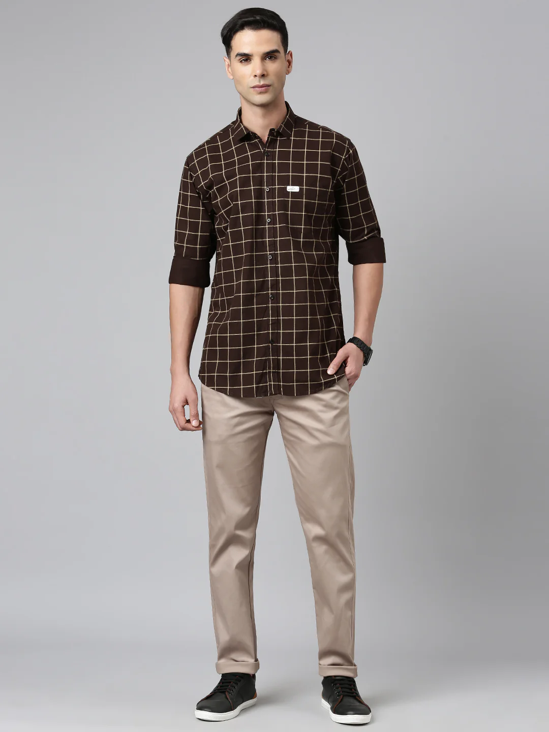 Majestic Man Checkered Slim fit Cotton Casual Shirt - Brown - Image 2